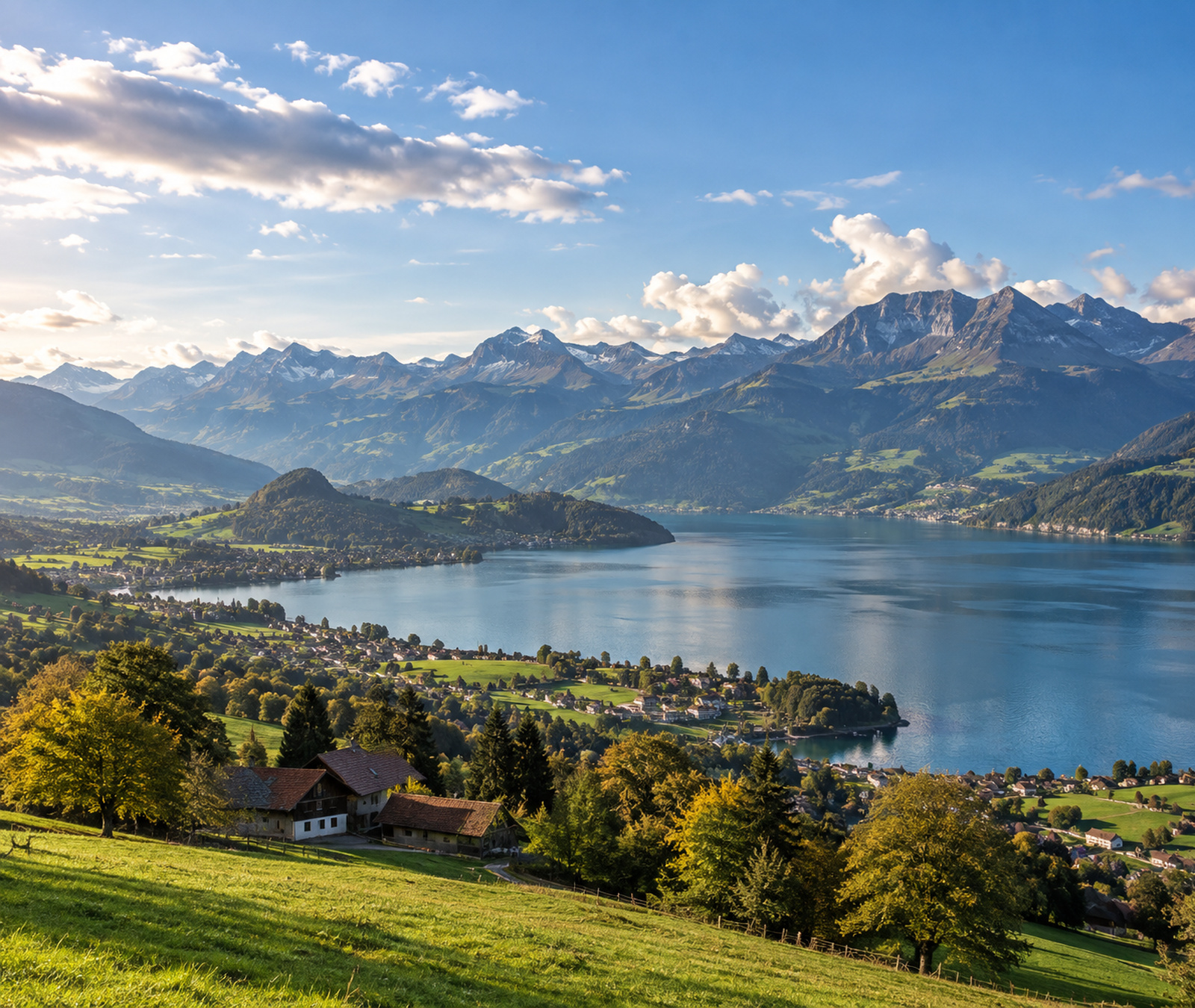 Freundliche Schweizer Seen- und Alpenlandschaft an einem sonnigen Spätsommertag