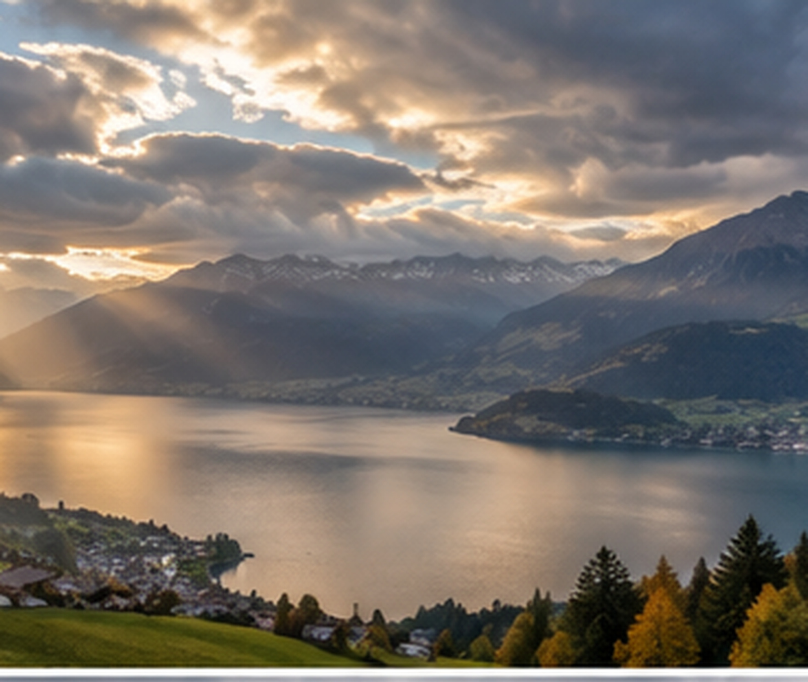 Schweizer Alpenlandschaft mit See, Sonne und dichter werdenden Wolken