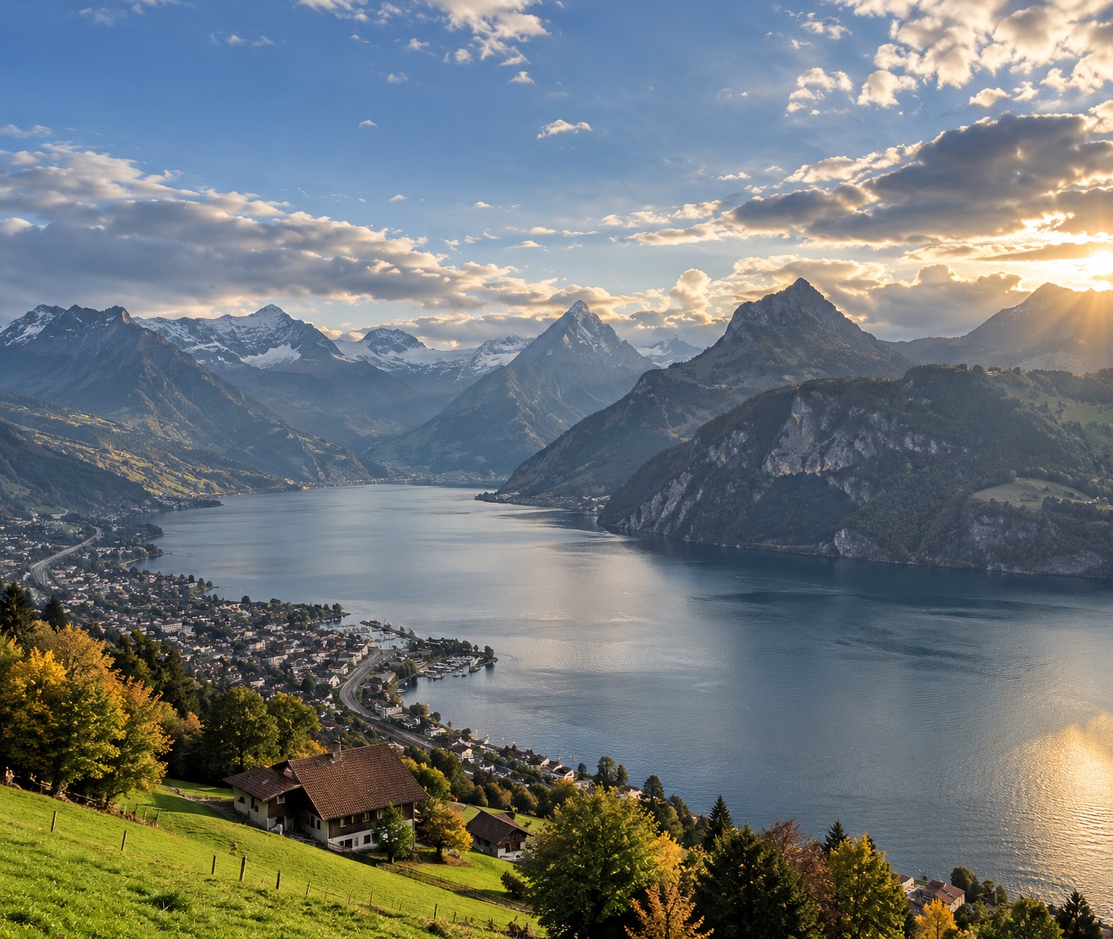 Schweizer Seen- und Alpenlandschaft mit wechselnden Wolken