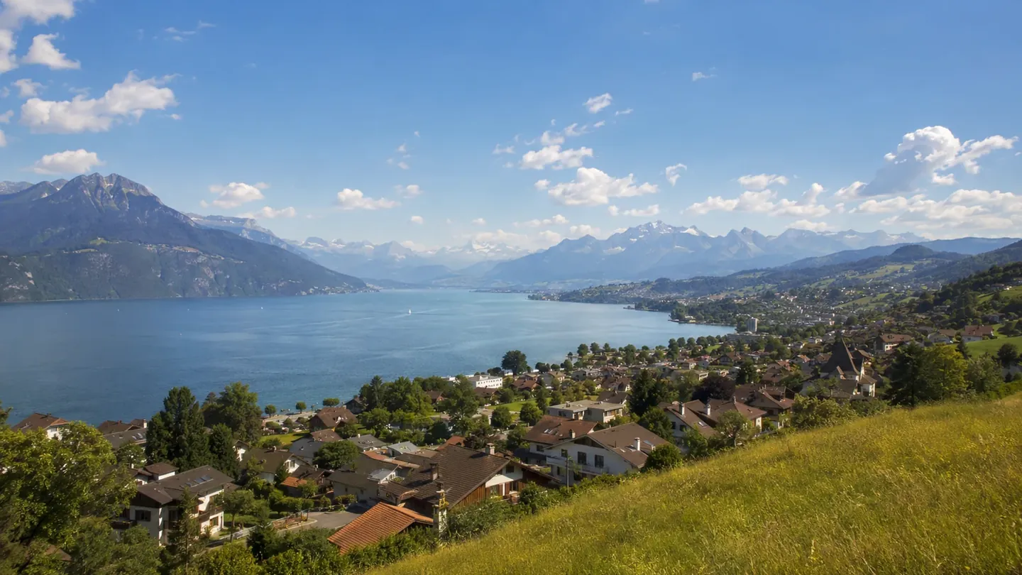 Sonniger Blick über einen Schweizer See mit Dorf und Alpen