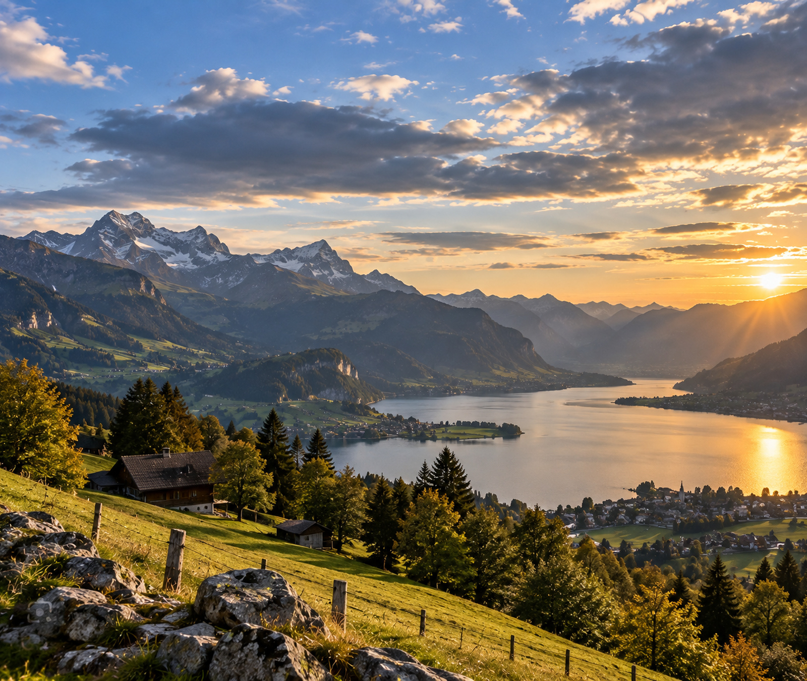 Spätsommerliche Schweizer Alpen- und Seenlandschaft bei wechselnder Bewölkung