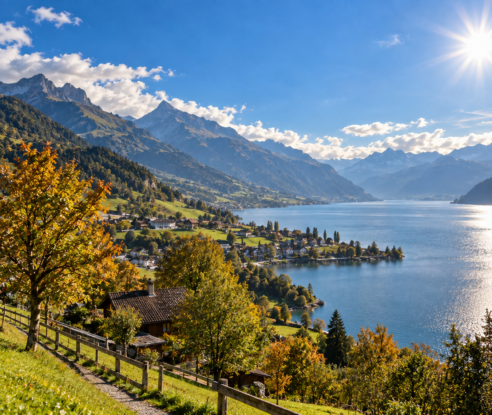 Sonnige Schweizer Seen- und Alpenlandschaft im frühen Herbst ohne winterliche Schneelage