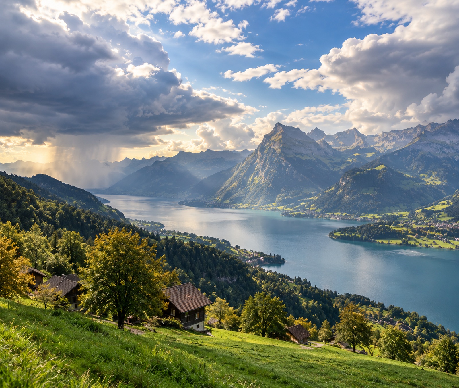 Grüne Schweizer Seen- und Voralpenlandschaft mit Sonne und Wolkenfeldern