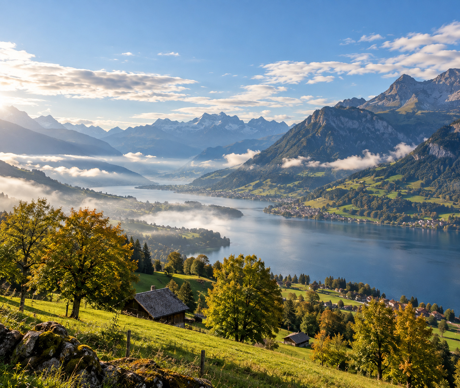 Freundliches spätsommerliches Wetter über einer grünen Schweizer Alpenlandschaft mit See