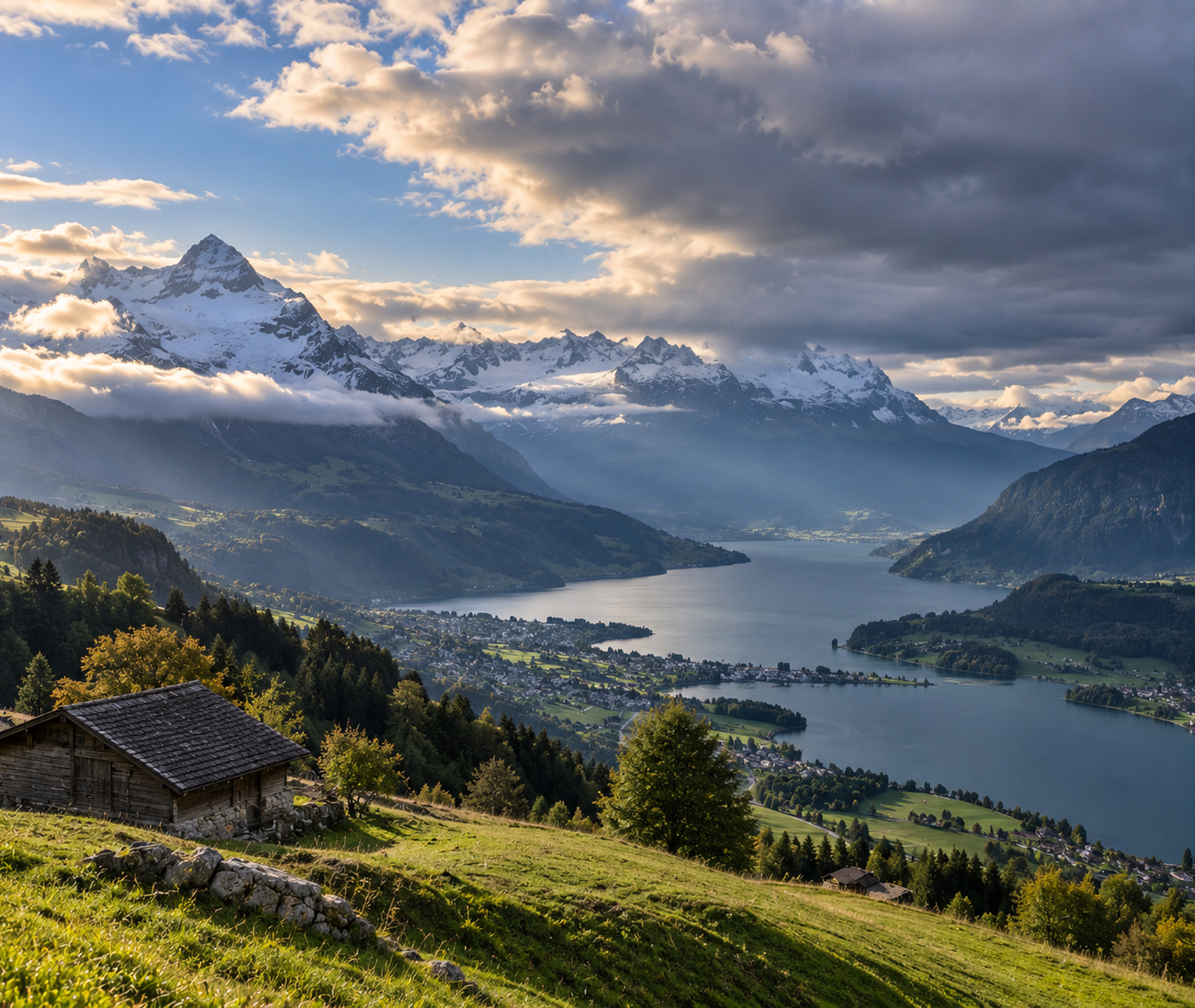 Schweizer Alpen- und Seenlandschaft mit Sonne und aufziehenden dichteren Wolken