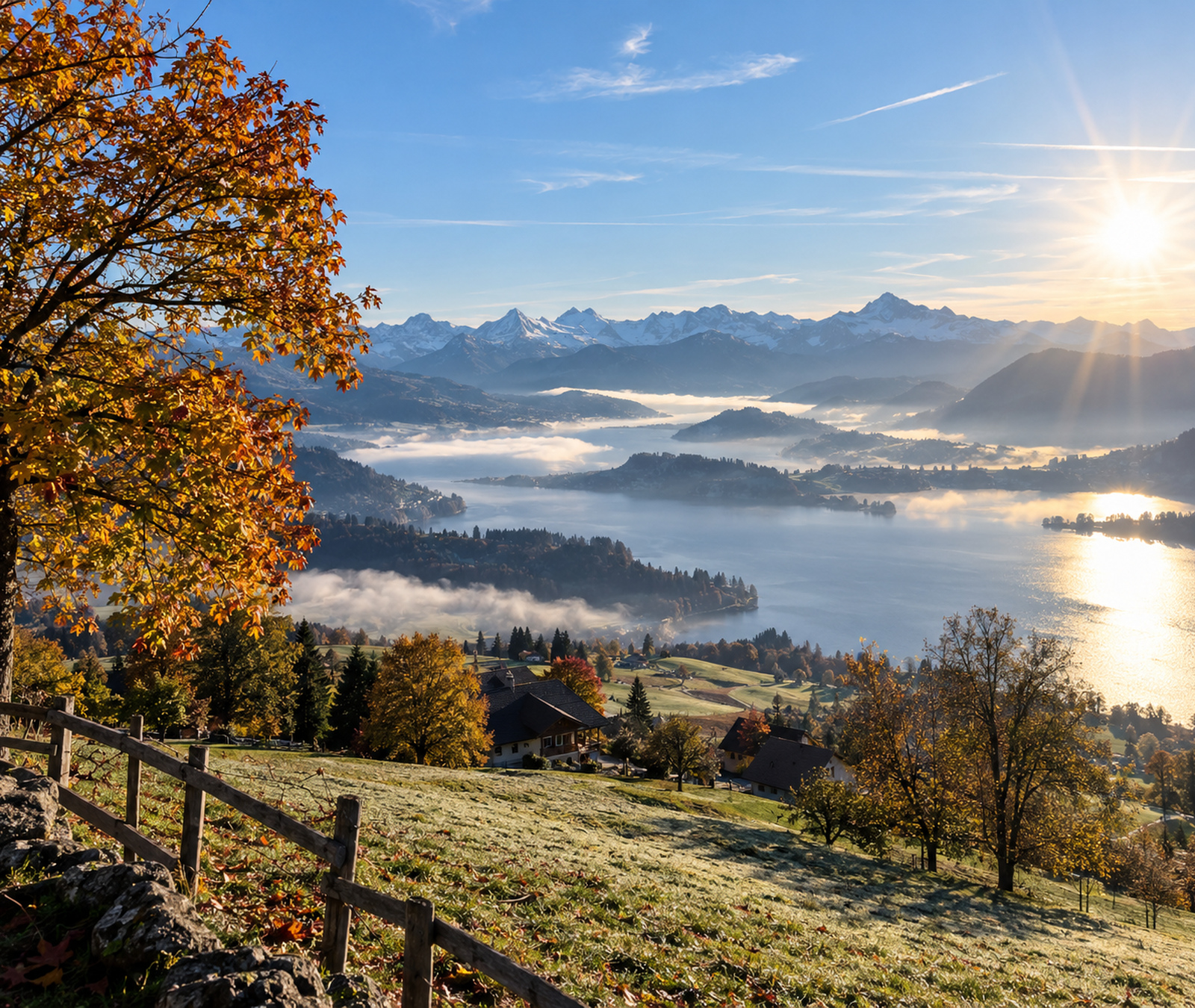 Schweizer Alpen- und Seenlandschaft mit morgendlicher Sonne und Wolkenfeldern