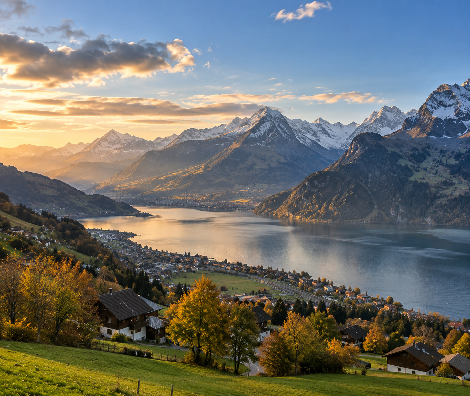 Ruhige Schweizer Alpen- und Seenlandschaft im frühen Herbst bei klarer Abendstimmung