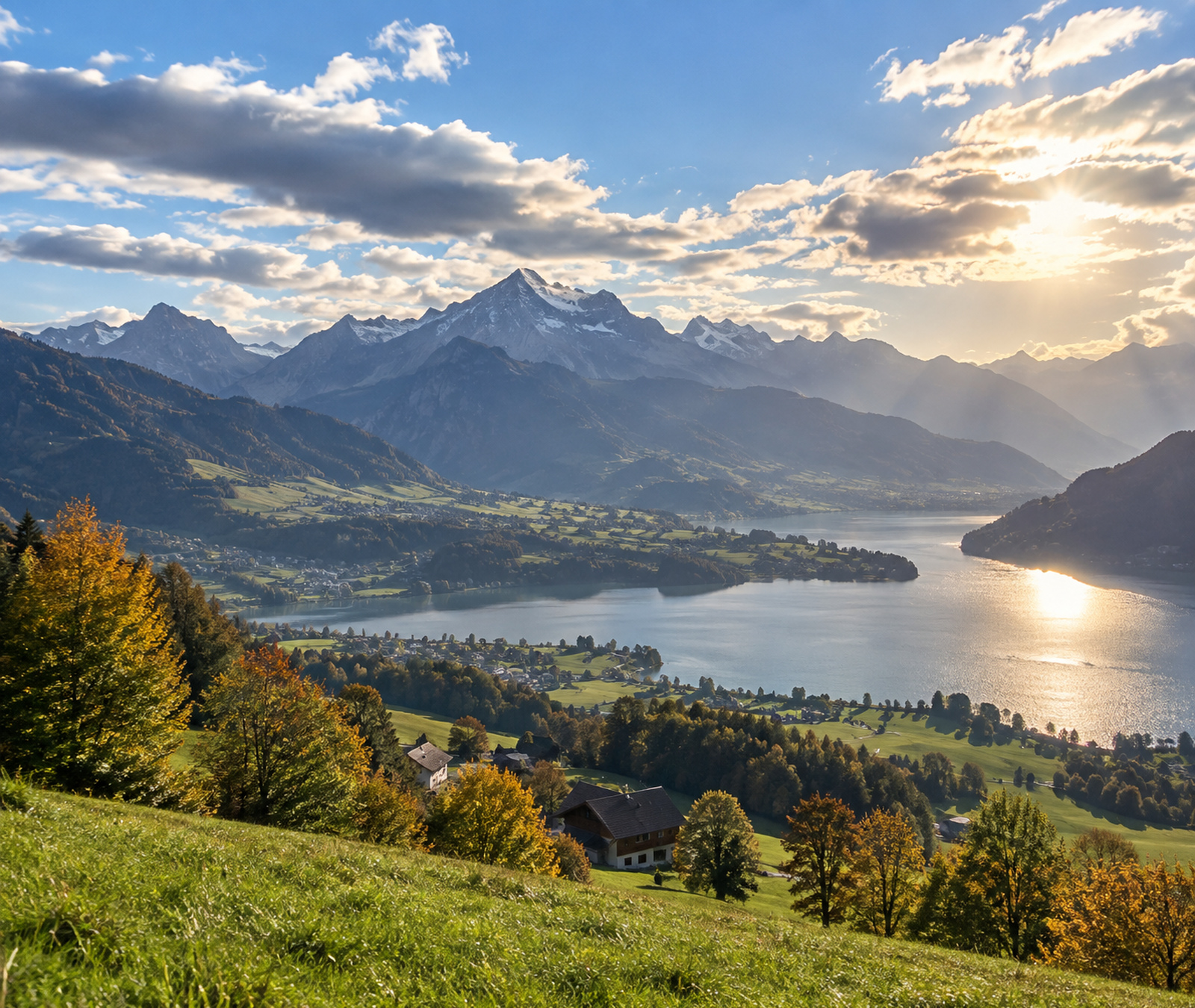 Schweizer Alpen- und Seenlandschaft an einem sonnigen Herbsttag