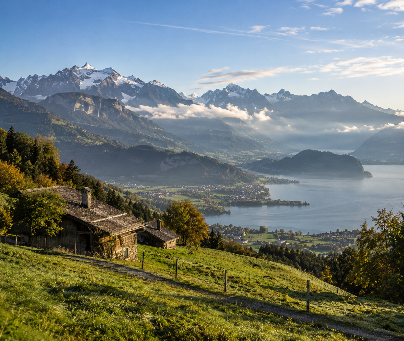 Schweizer Alpenlandschaft an einem klaren frühen Herbstmorgen mit See und wenigen Nebelfeldern