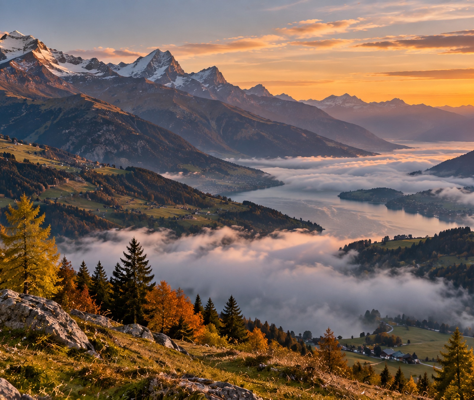 Herbstliche Schweizer Alpenlandschaft bei Abendlicht mit grünen Hängen und Schnee nur auf hohen Gipfeln