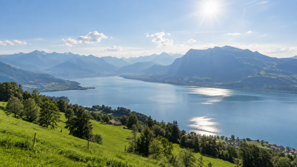 Sonnige Schweizer Seenlandschaft mit grünen Hängen und Bergen im Spätsommer.