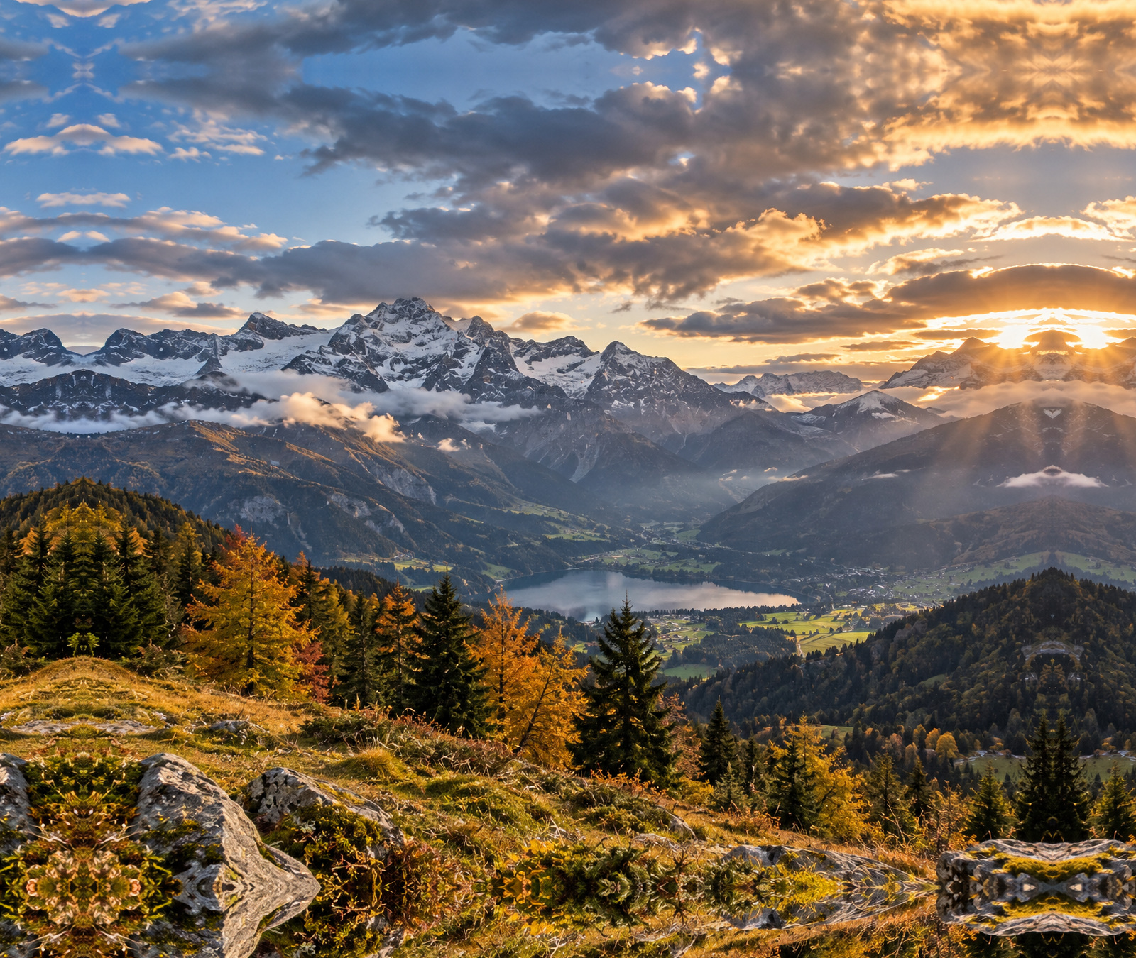 Herbstliche Schweizer Alpenlandschaft mit wechselnder Bewölkung und Aufhellungen