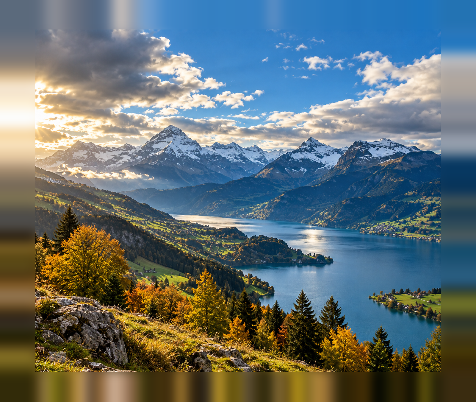 Herbstliches Schweizer Alpenpanorama mit See, Wolken und sonnigen Auflockerungen