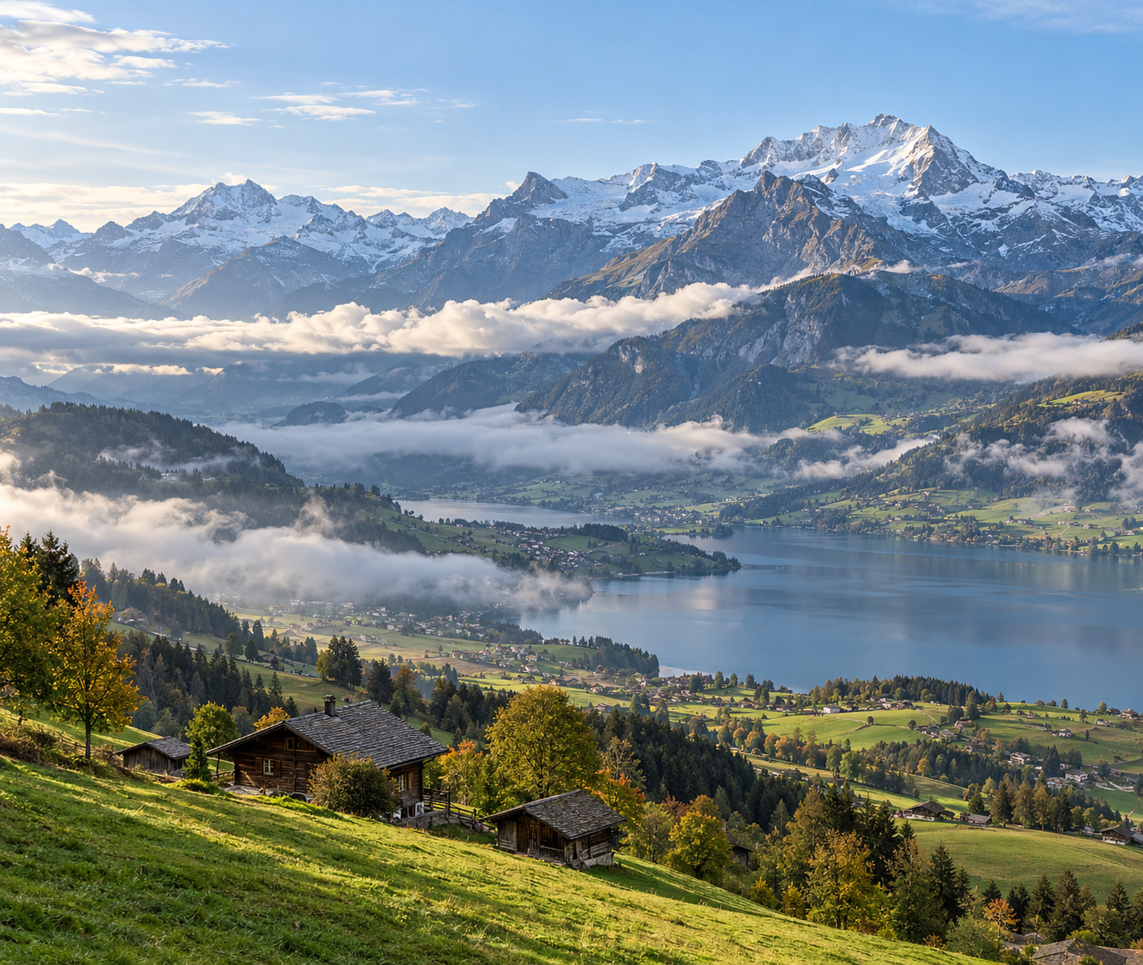 Schweizer Alpenlandschaft mit See, Wolkenfeldern und sonnigen Abschnitten an einem Herbsttag