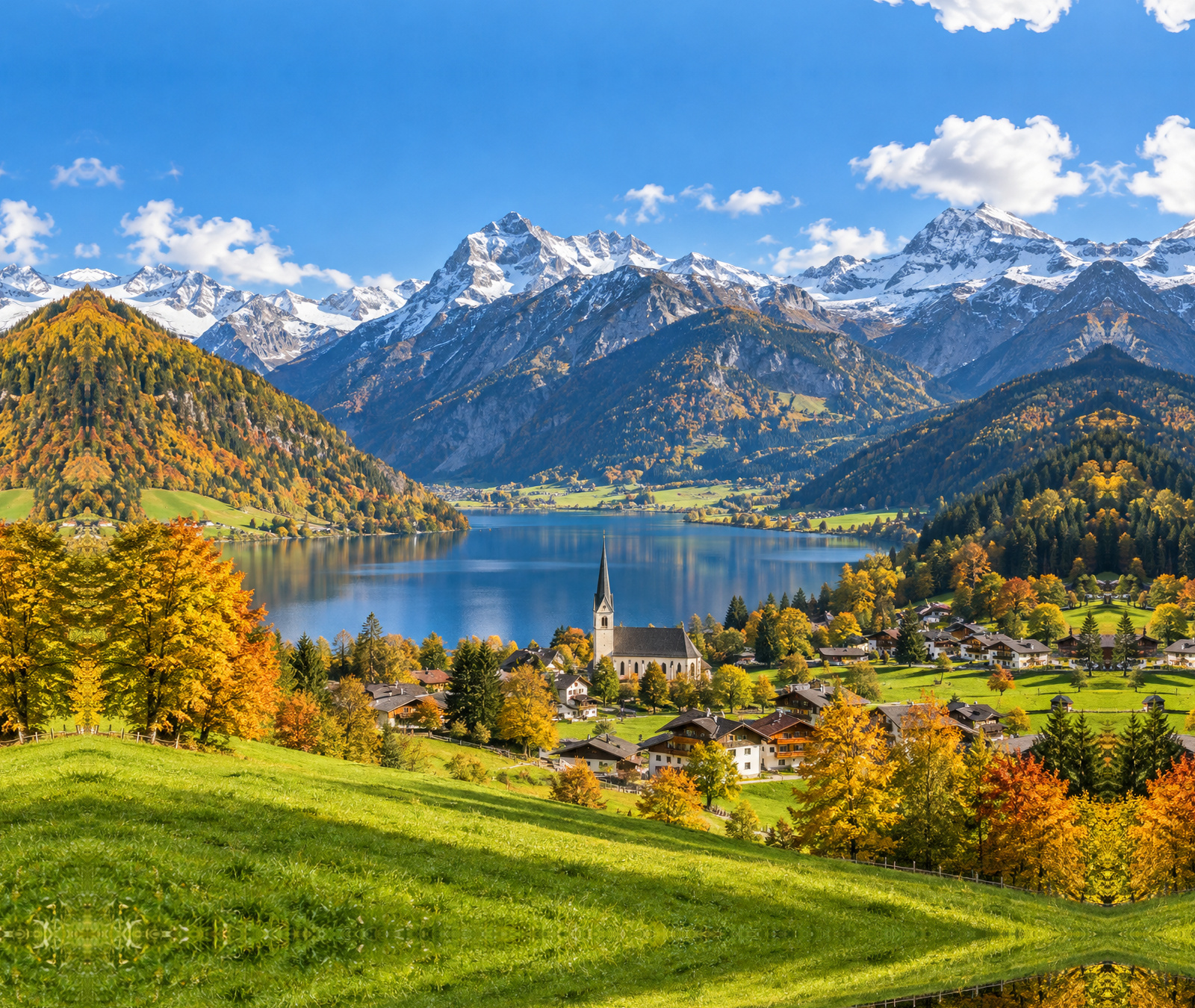 Sonnige alpine Herbstlandschaft mit Bergsee und schneebedeckten Hochgipfeln als Symbolbild für das Schweizer Wetter.