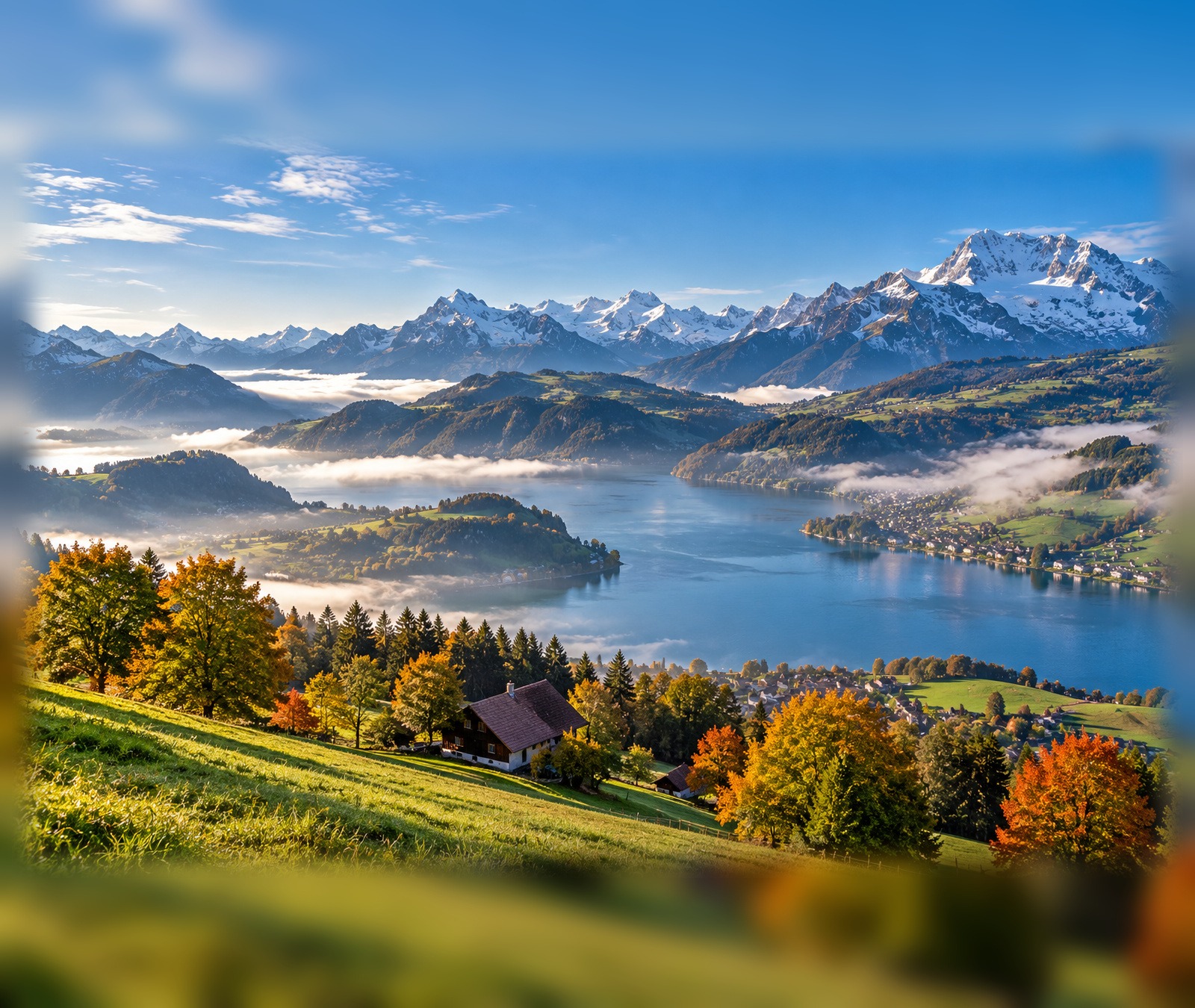 Sonniger Herbsttag über Schweizer Alpen und See mit lokalem Morgennebel