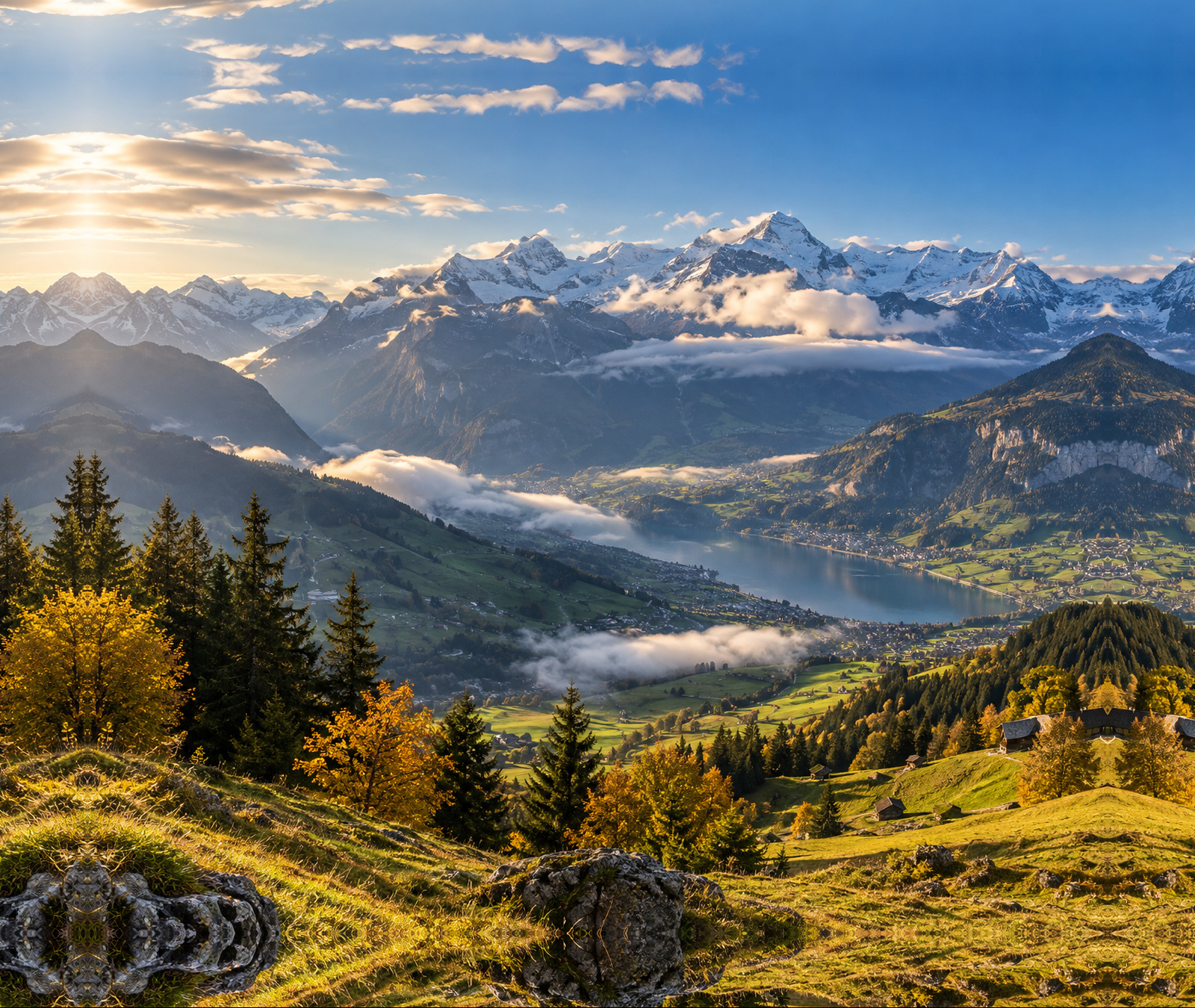 Herbstliche Schweizer Alpenlandschaft mit See, Wolkenbändern und sonnigen Abschnitten als Symbolbild für das Wetter bis Samstagabend.