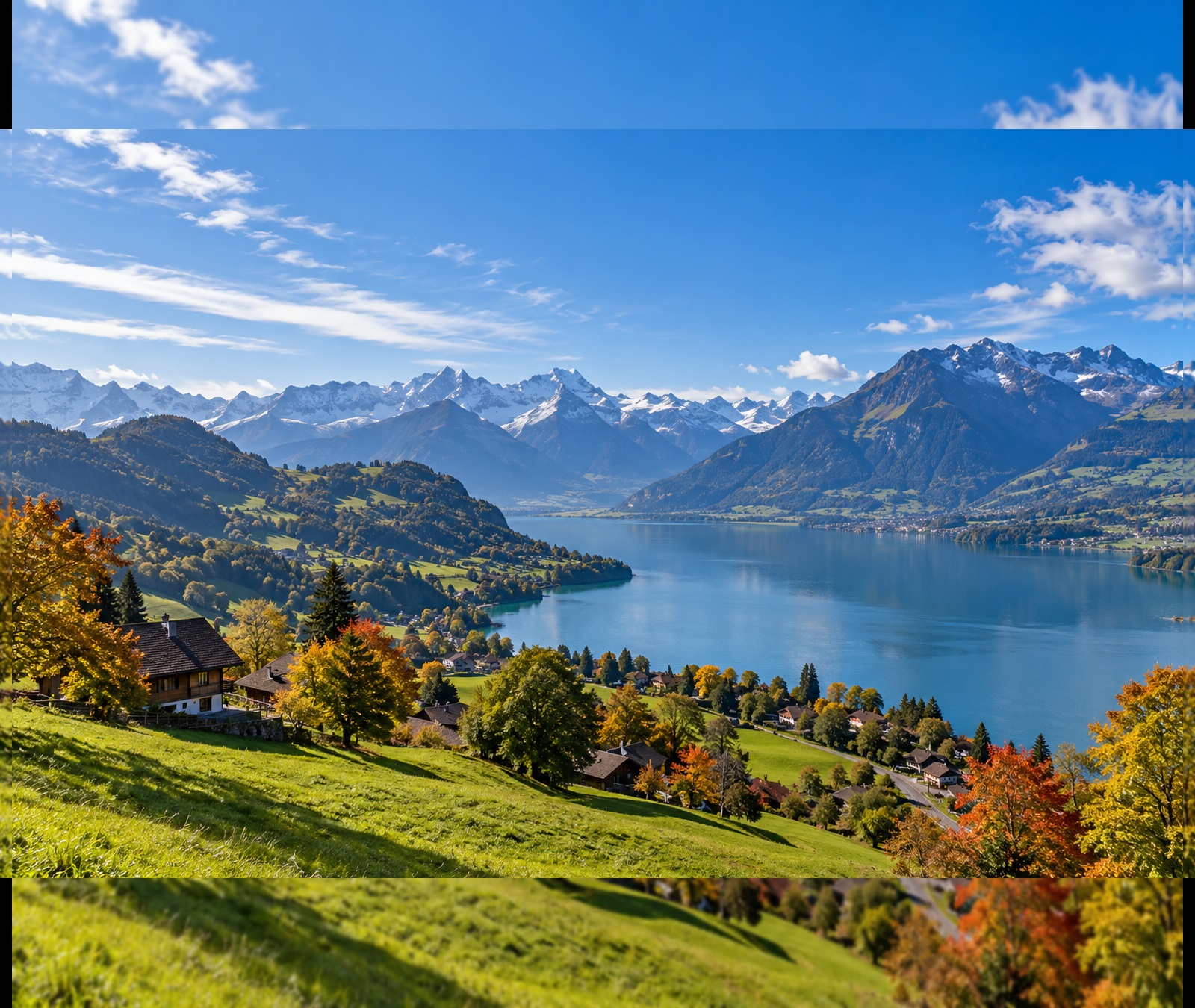 Sonnige spätsommerliche Wetterlage über einer Schweizer Alpen- und Seenlandschaft