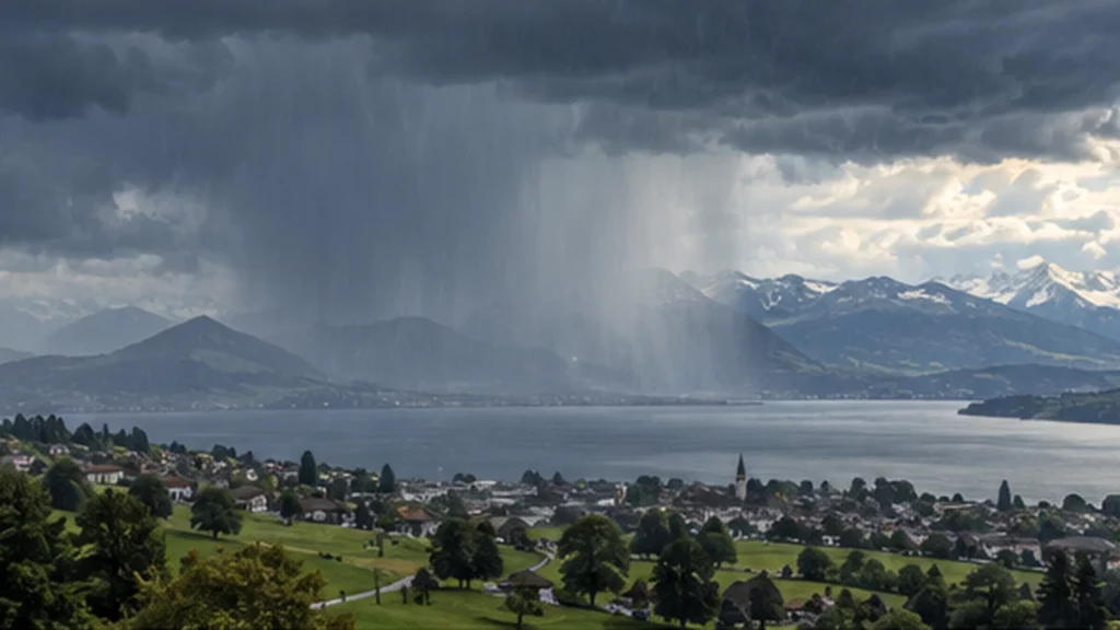 Dunkle Regenwolken über einem Schweizer See und den Alpen als Symbolbild für den Wetterumschwung