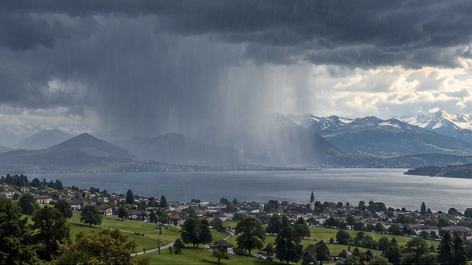 Dunkle Regenwolken über einem Schweizer See und den Alpen als Symbolbild für den Wetterumschwung