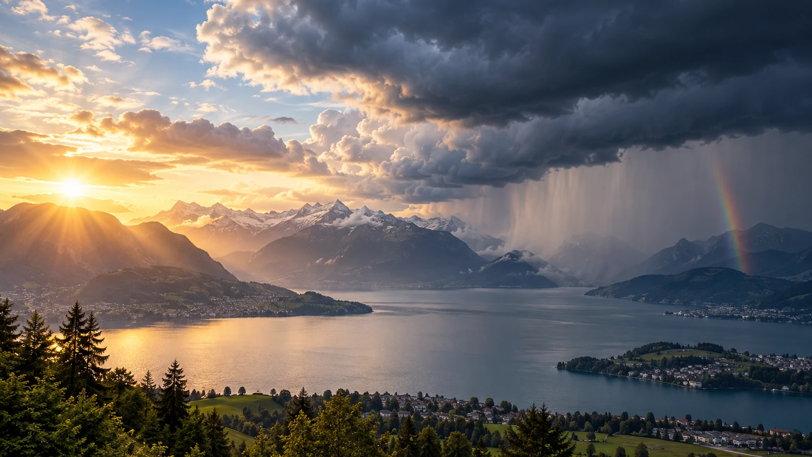 Auflockernde Wolken über einer Schweizer Seen- und Alpenlandschaft als Symbolbild für die Wetterberuhigung