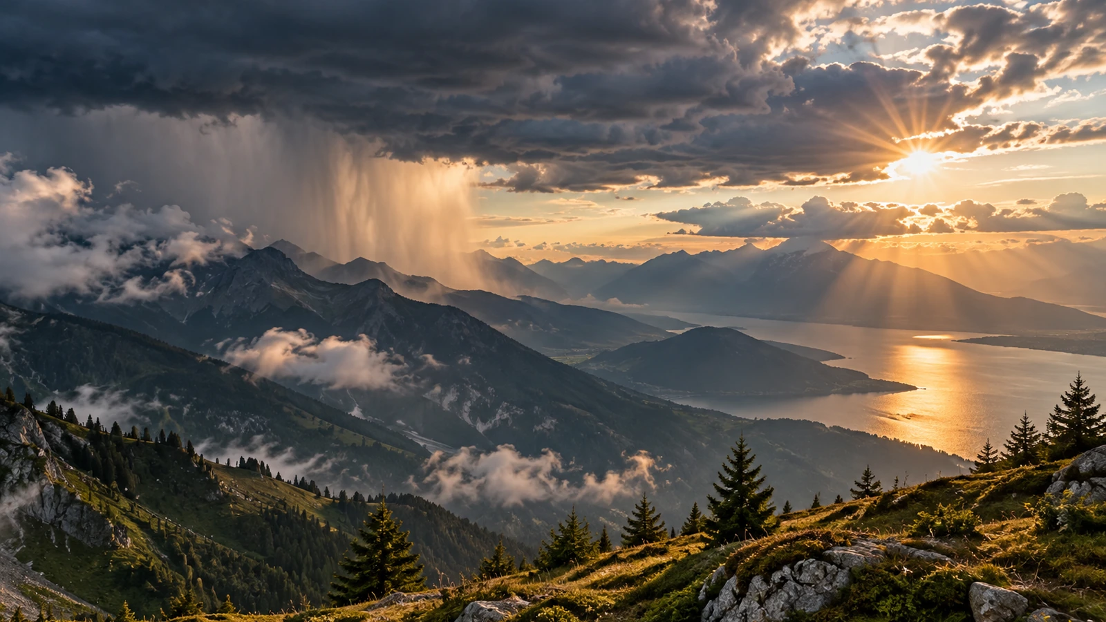 Sonnenstrahlen und auflockernde Wolken über einer Schweizer Alpen- und Seenlandschaft als Symbolbild für das freundlichere Wochenende