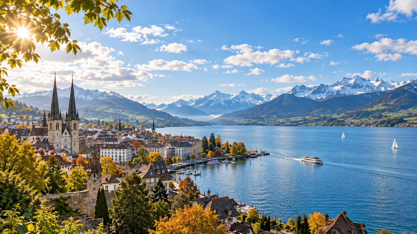 Freundliche Schweizer Seenlandschaft mit sonnigen Abschnitten und Wolken über den Bergen als Symbolbild