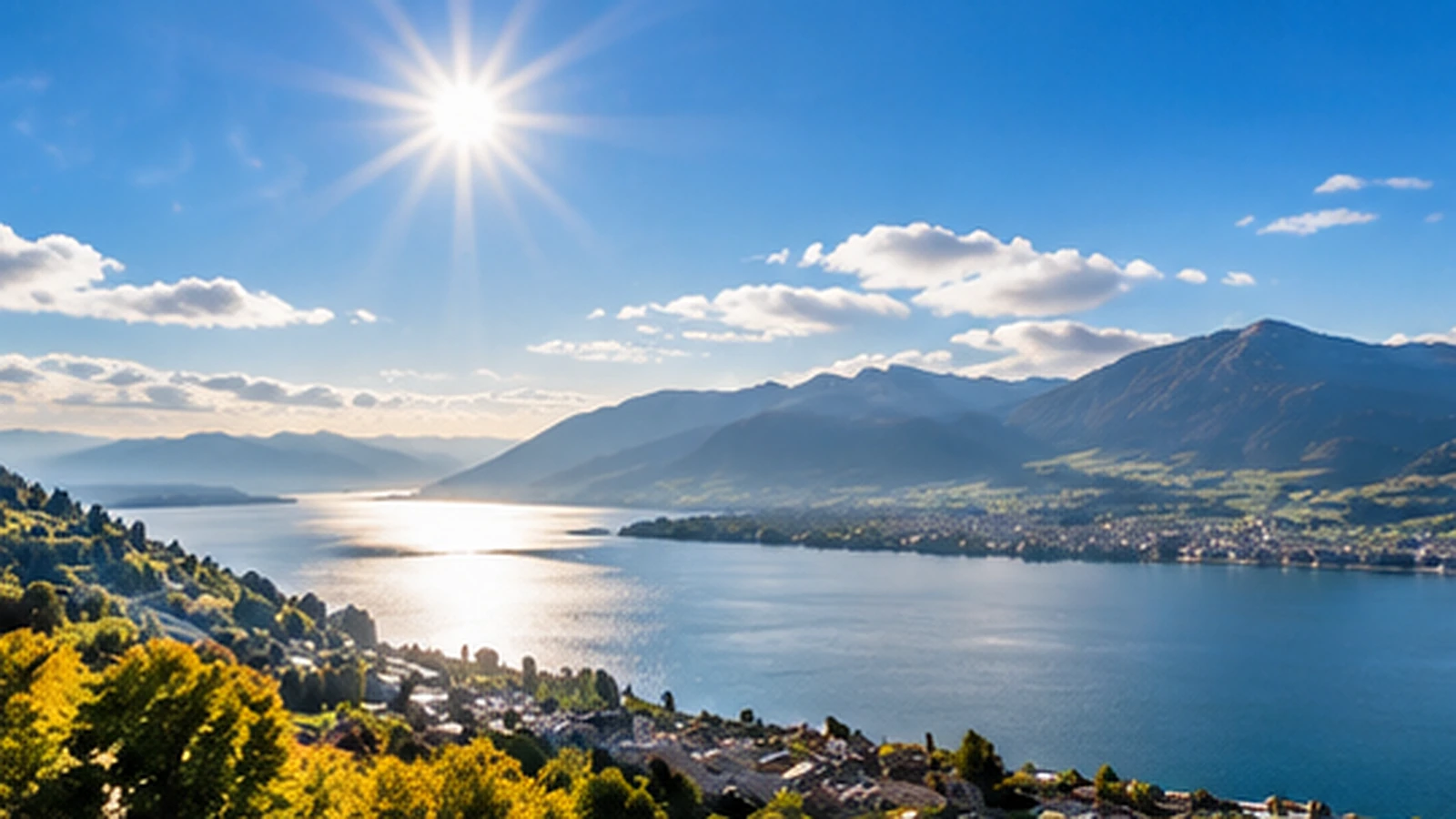 Sonnige Schweizer Landschaft mit See und Wolken über den Bergen als Symbolbild für den Freitag