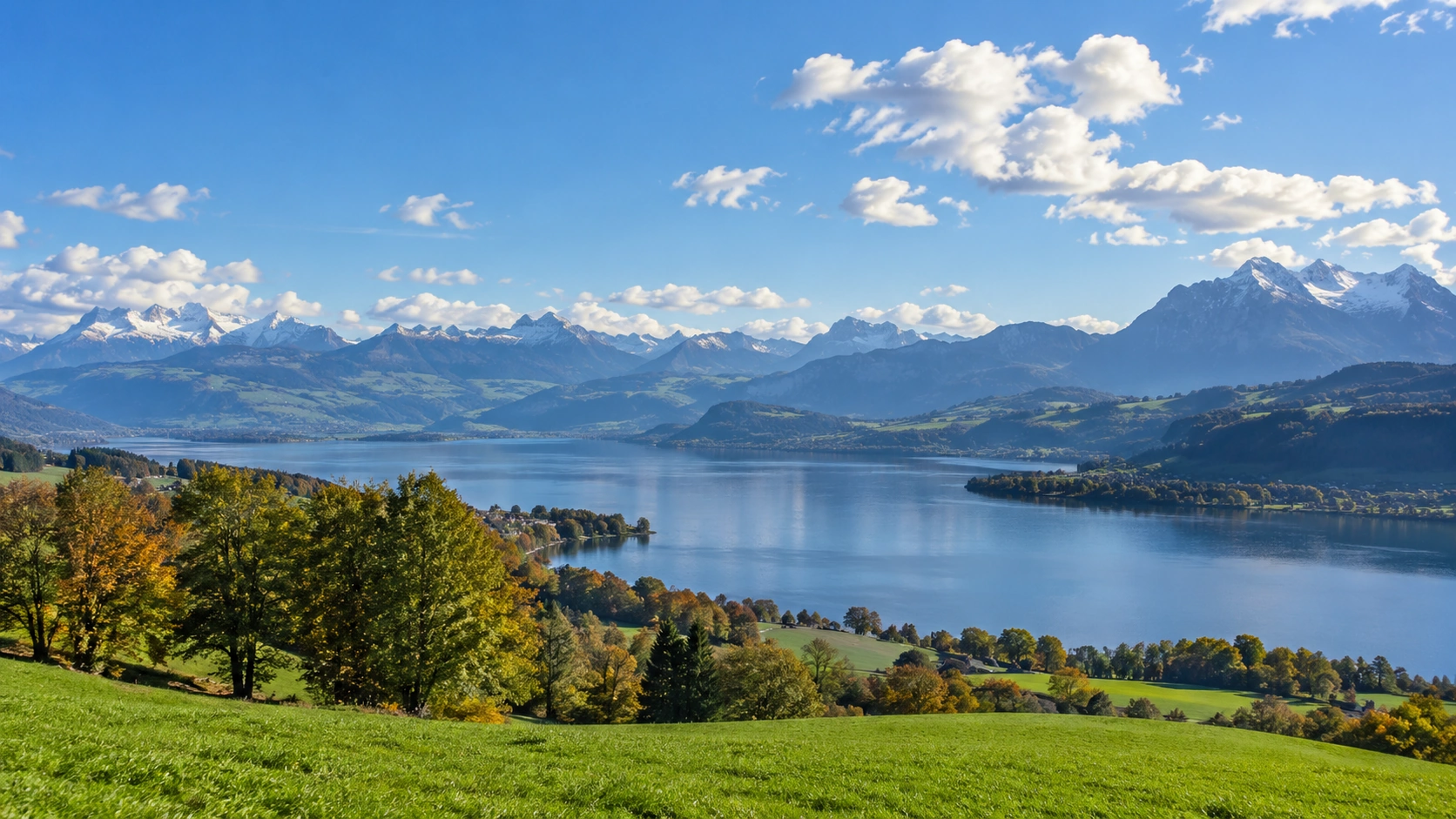 Weite Schweizer Landschaft mit See, Wiesen und Alpen unter blauem Himmel als Symbolbild für sonniges Samstagswetter