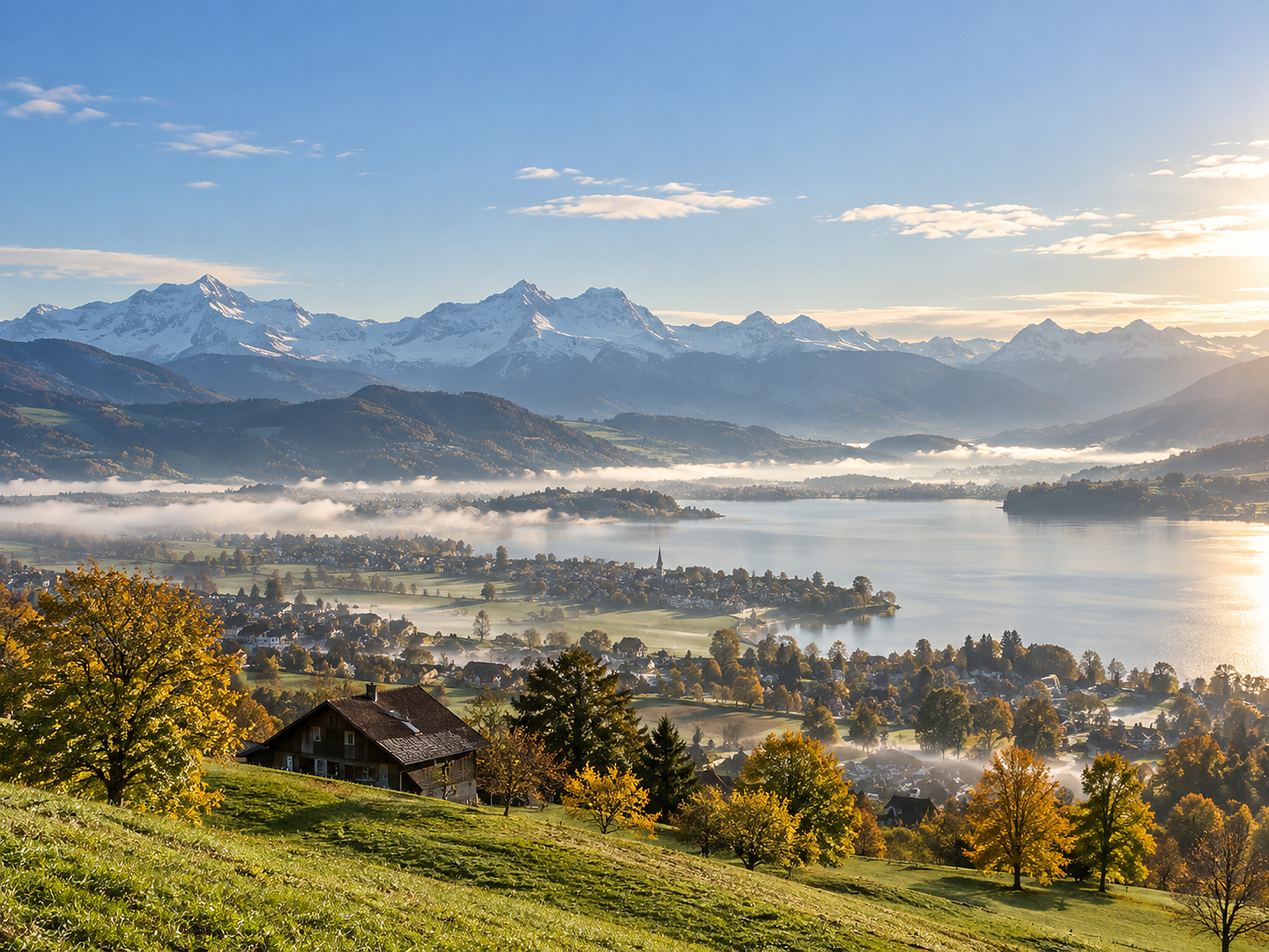 Realistisch aufgebaute redaktionelle Wetterillustration für die Schweiz am 17. September 2026 mit sonnigen Abschnitten, Talnebel und Alpenkulisse