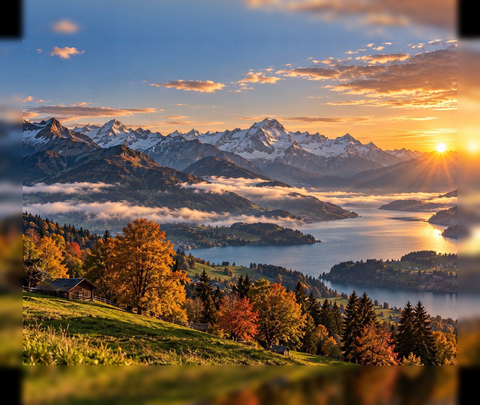 Warmer Spätsommerabend über einer Schweizer Alpenlandschaft mit See und Bergen.