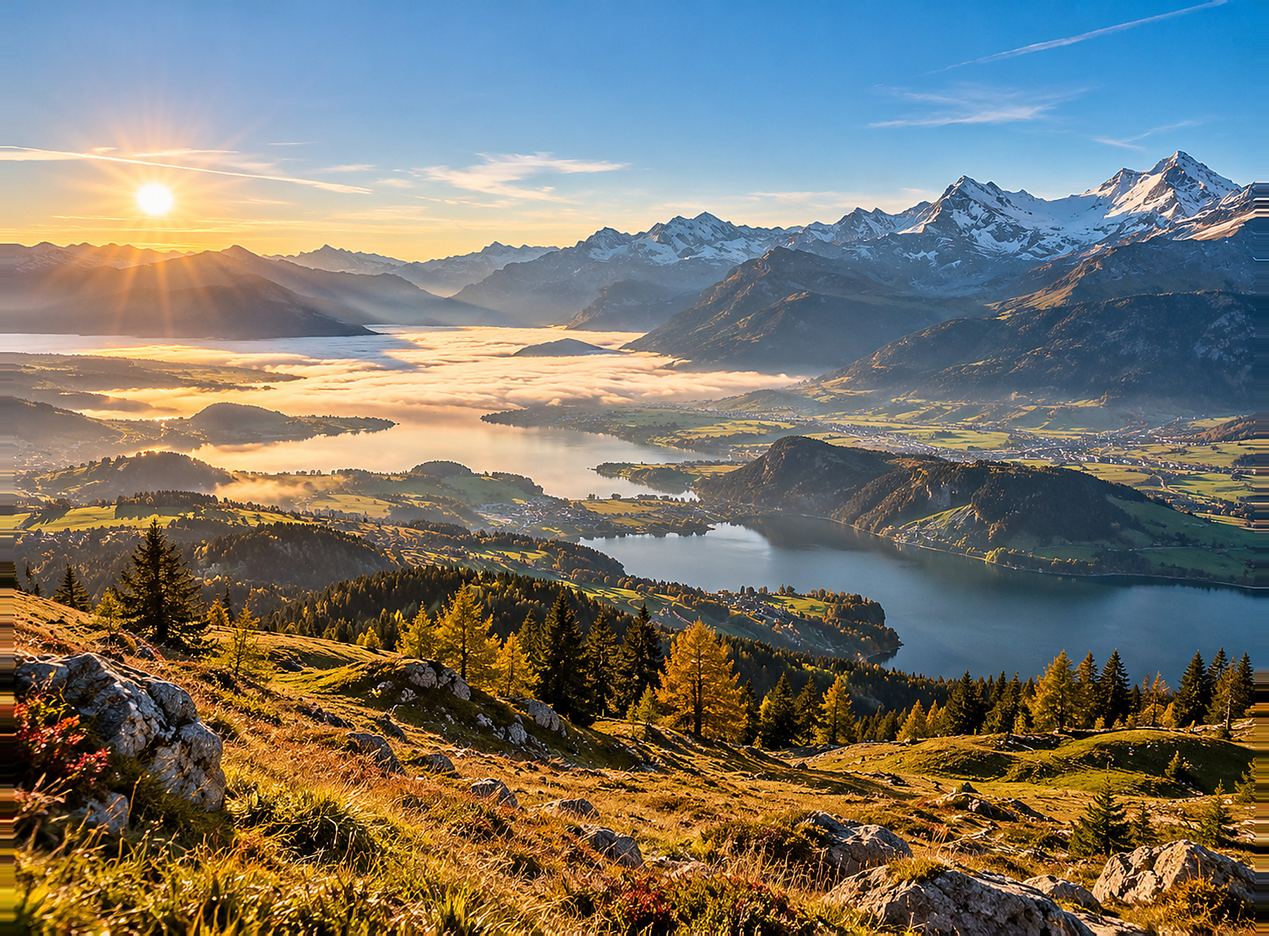 Sonniger spätsommerlicher Blick über eine Schweizer Alpen- und Seenlandschaft