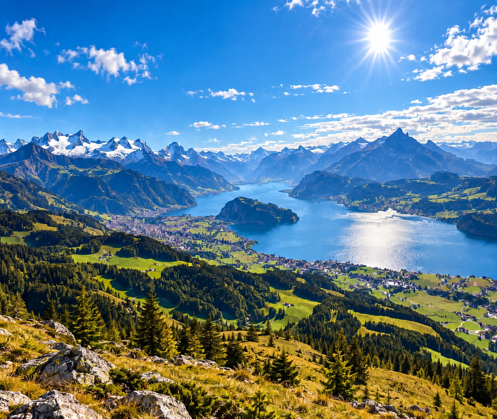 Sonnige Schweizer Alpen- und Seenlandschaft im Frühherbst als Symbolbild für das ruhige Wetter bis Dienstagabend.