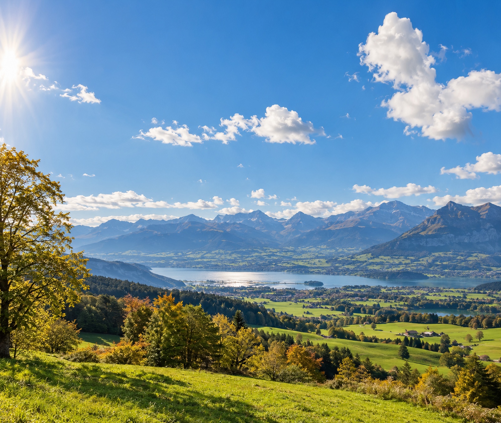 Sonnige Schweizer Herbstlandschaft mit See, grünen Wiesen und Alpen