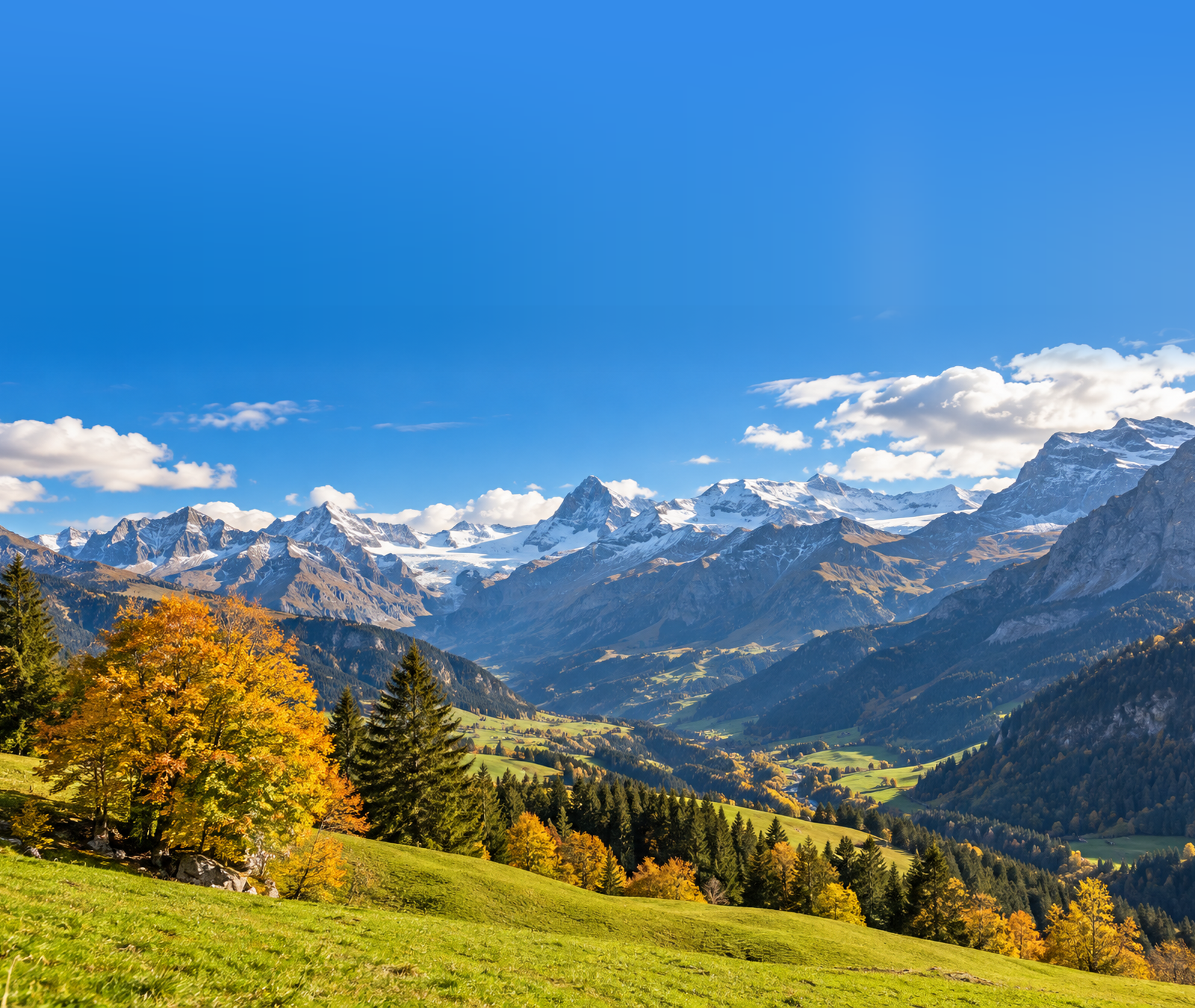 Sonnige Schweizer Alpenlandschaft im Frühherbst mit grünen Wiesen und ersten Herbstfarben