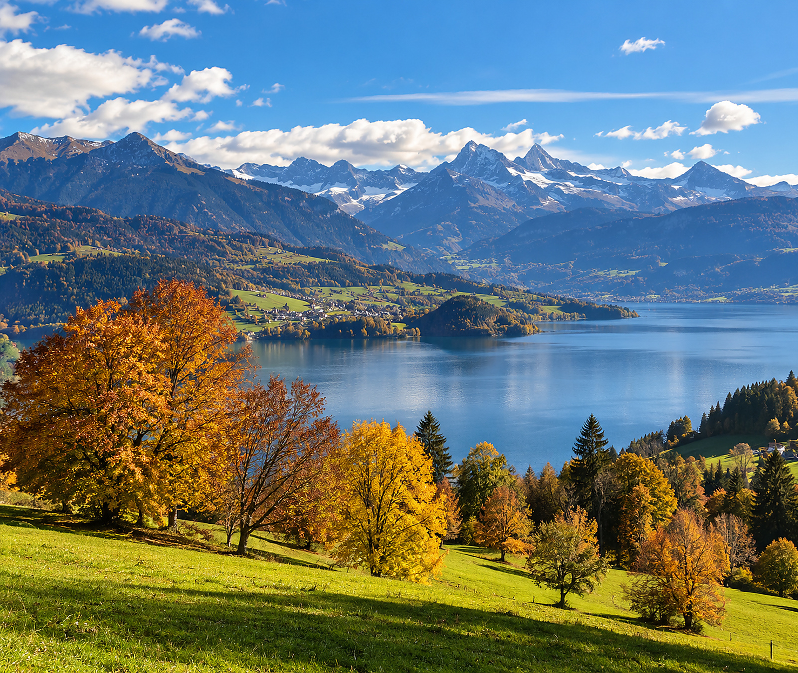 Herbstliche Schweizer Seenlandschaft mit sonnigen Wiesen und Alpen