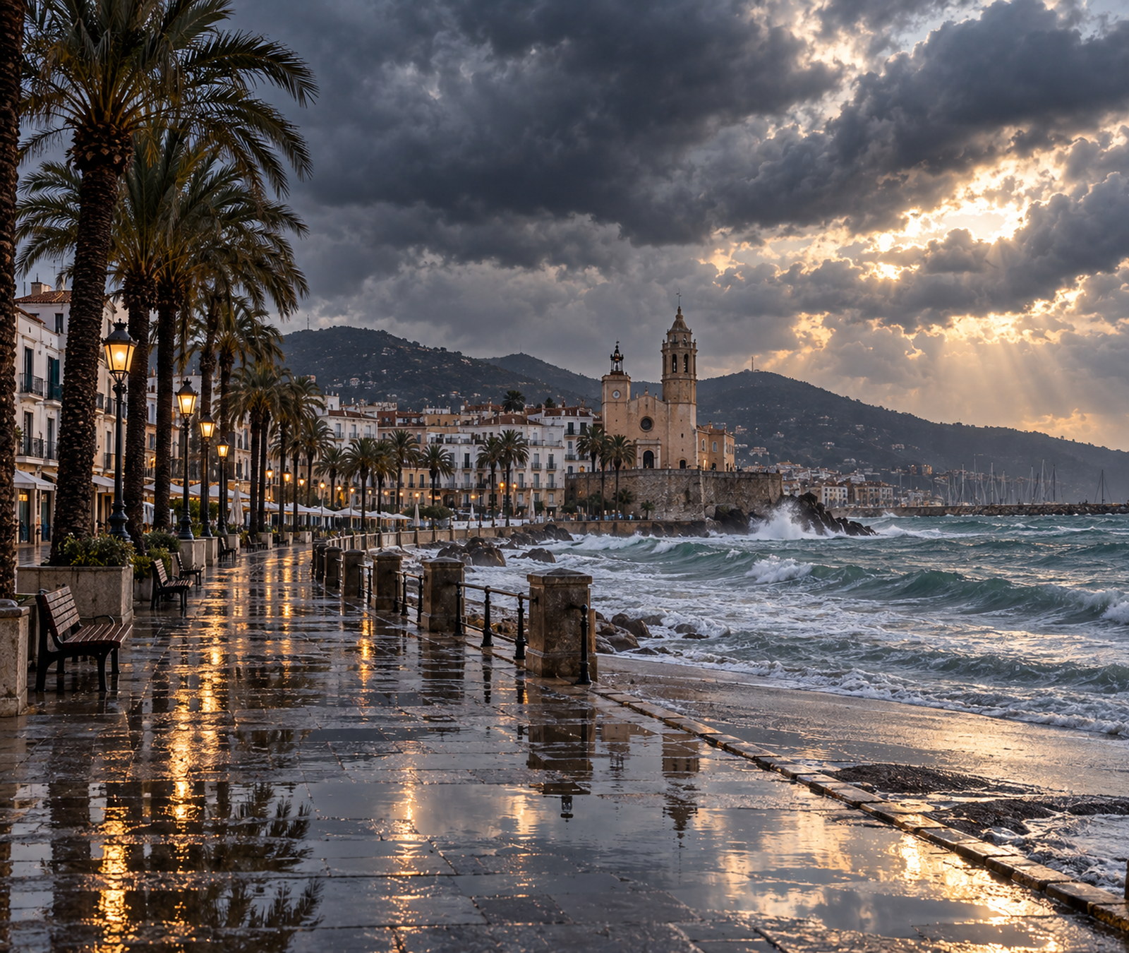 Nasse Promenade und aufgewühltes Meer in Sitges nach der Unwetternacht.