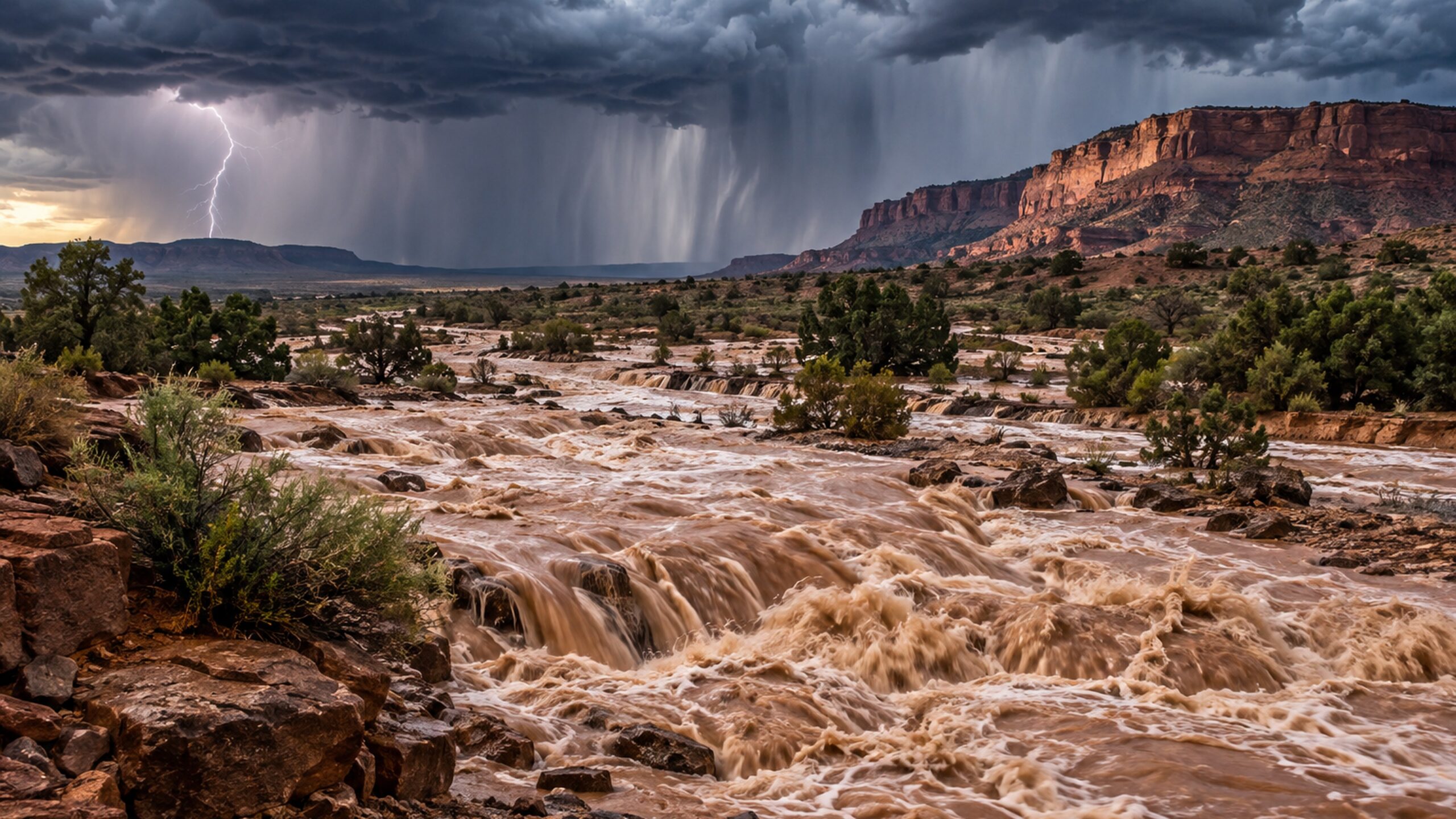 Sturzflut und schwere Gewitter über einer wüstenartigen Landschaft im Südwesten der USA
