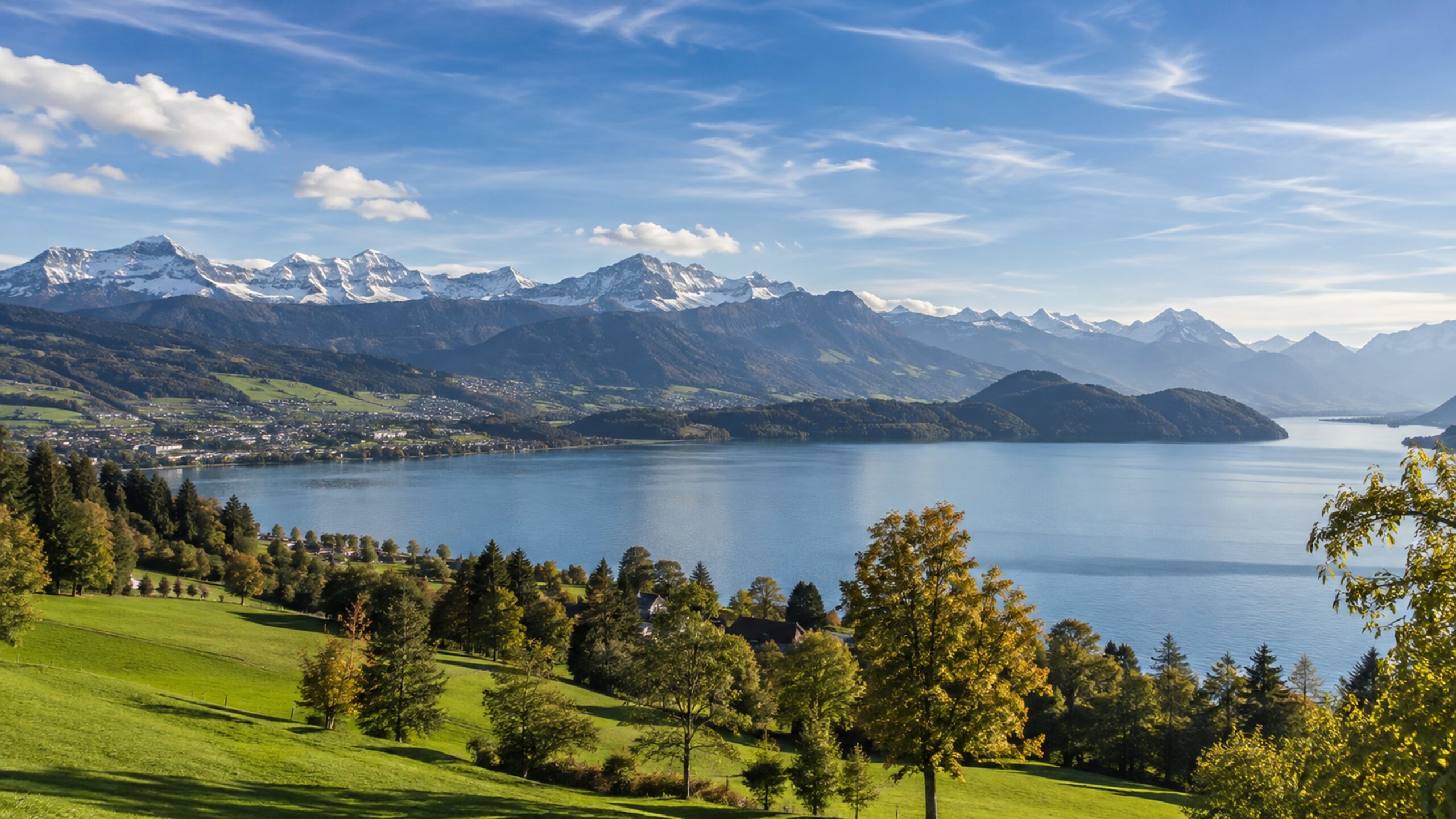 Spätsommerlicher Blick über einen Schweizer See mit grünen Hängen und Alpen im Hintergrund.