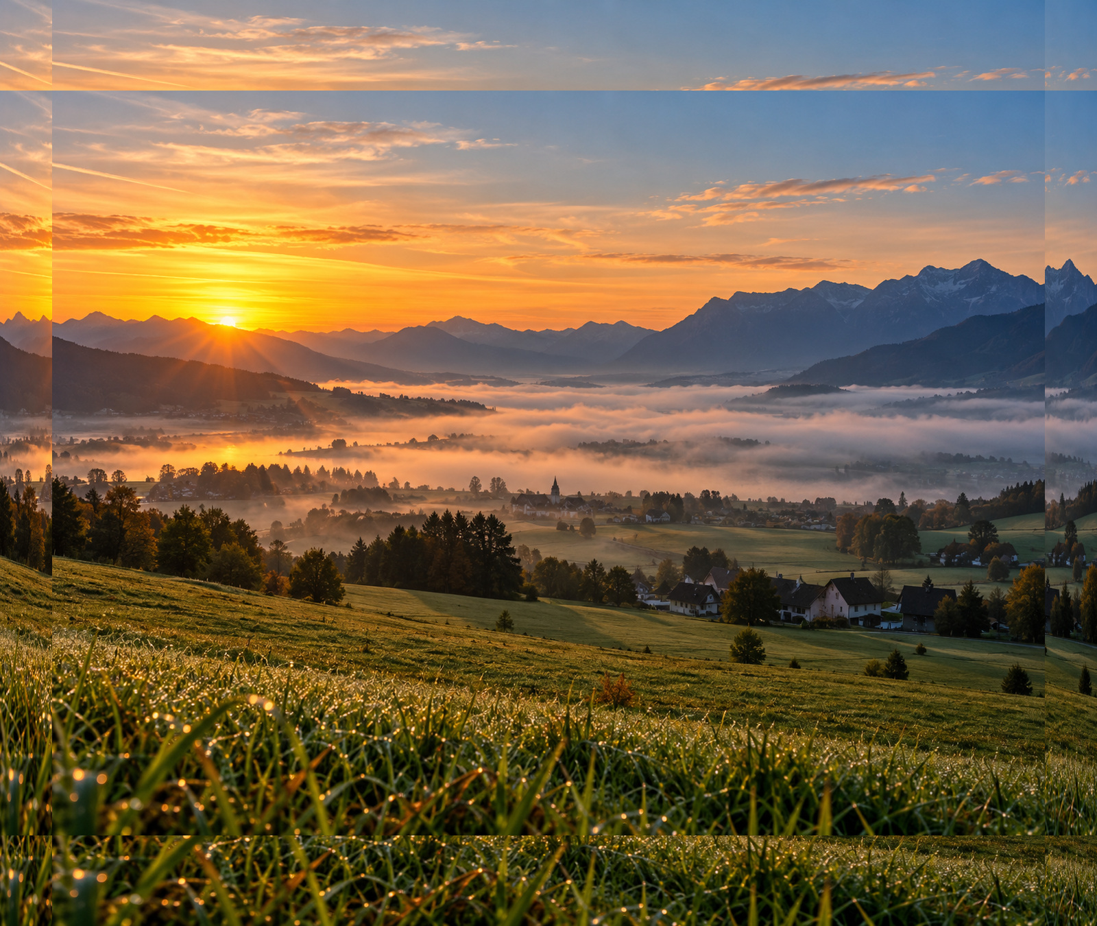 Morgendlicher Nebel über einer feuchten Schweizer Landschaft bei Sonnenaufgang