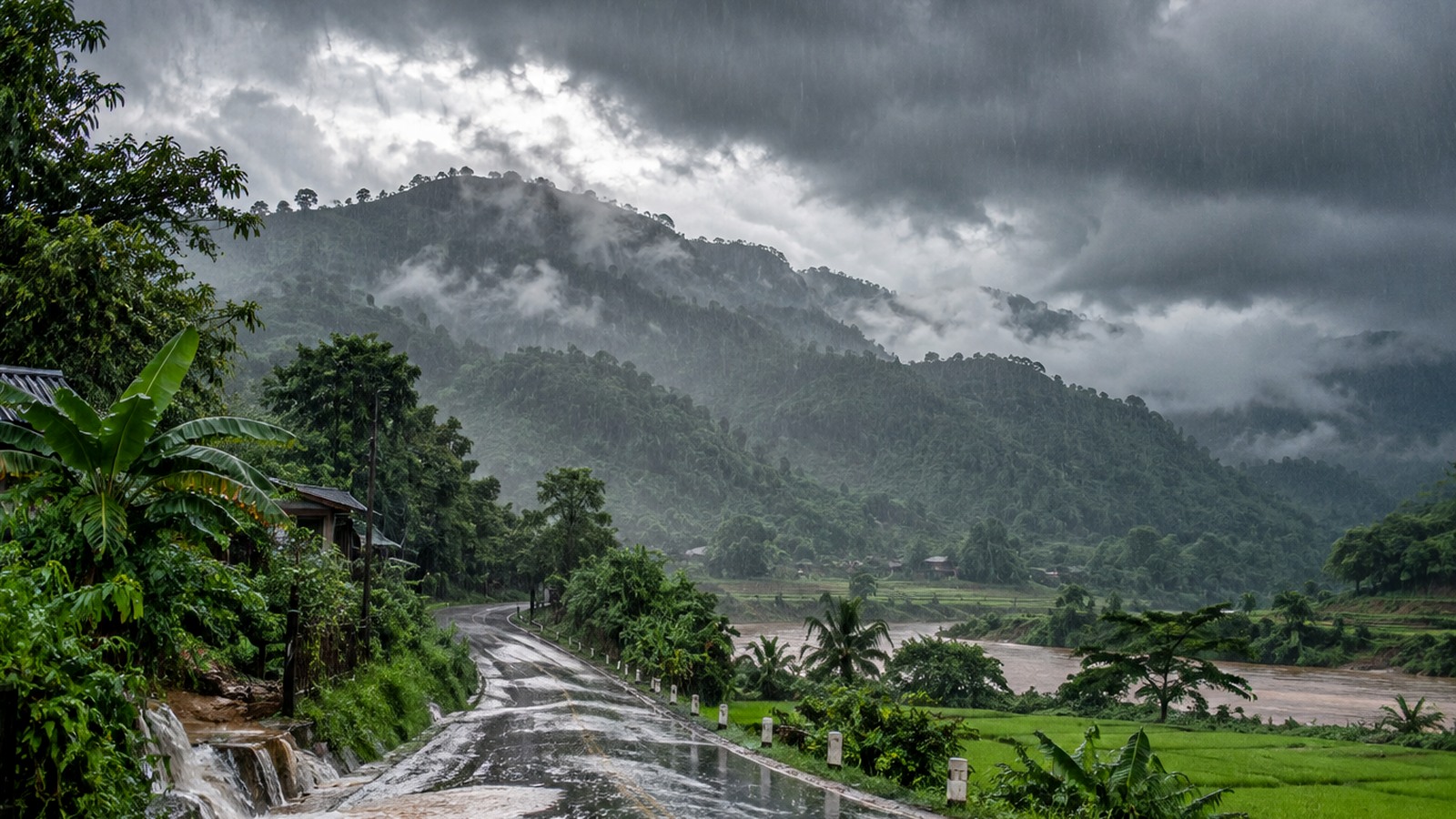 Heftiger Tropenregen über einer grünen Landschaft in Vietnam