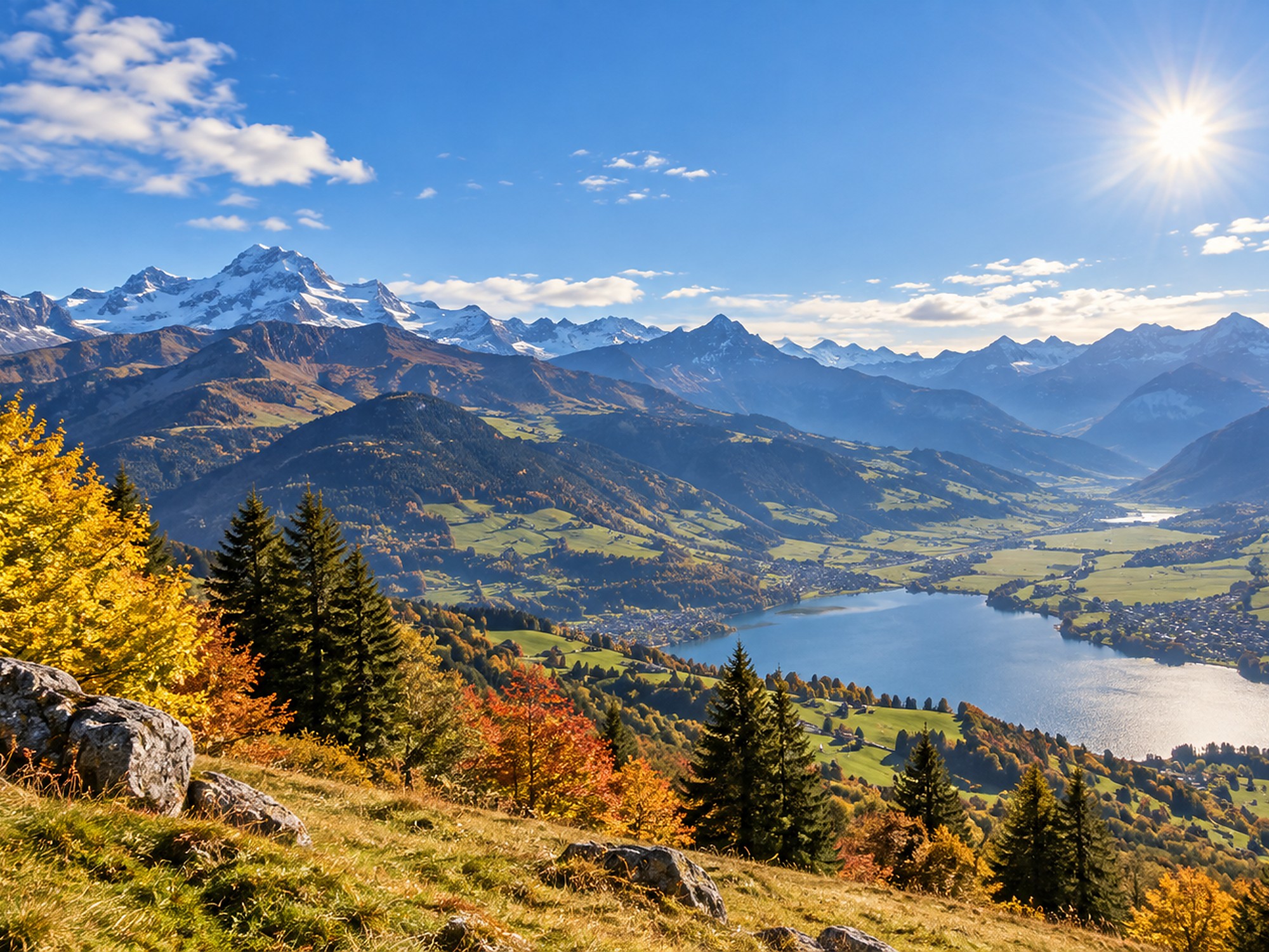 Sonniges herbstliches Alpenpanorama als Symbolbild für den milden Wettertag in der Schweiz.