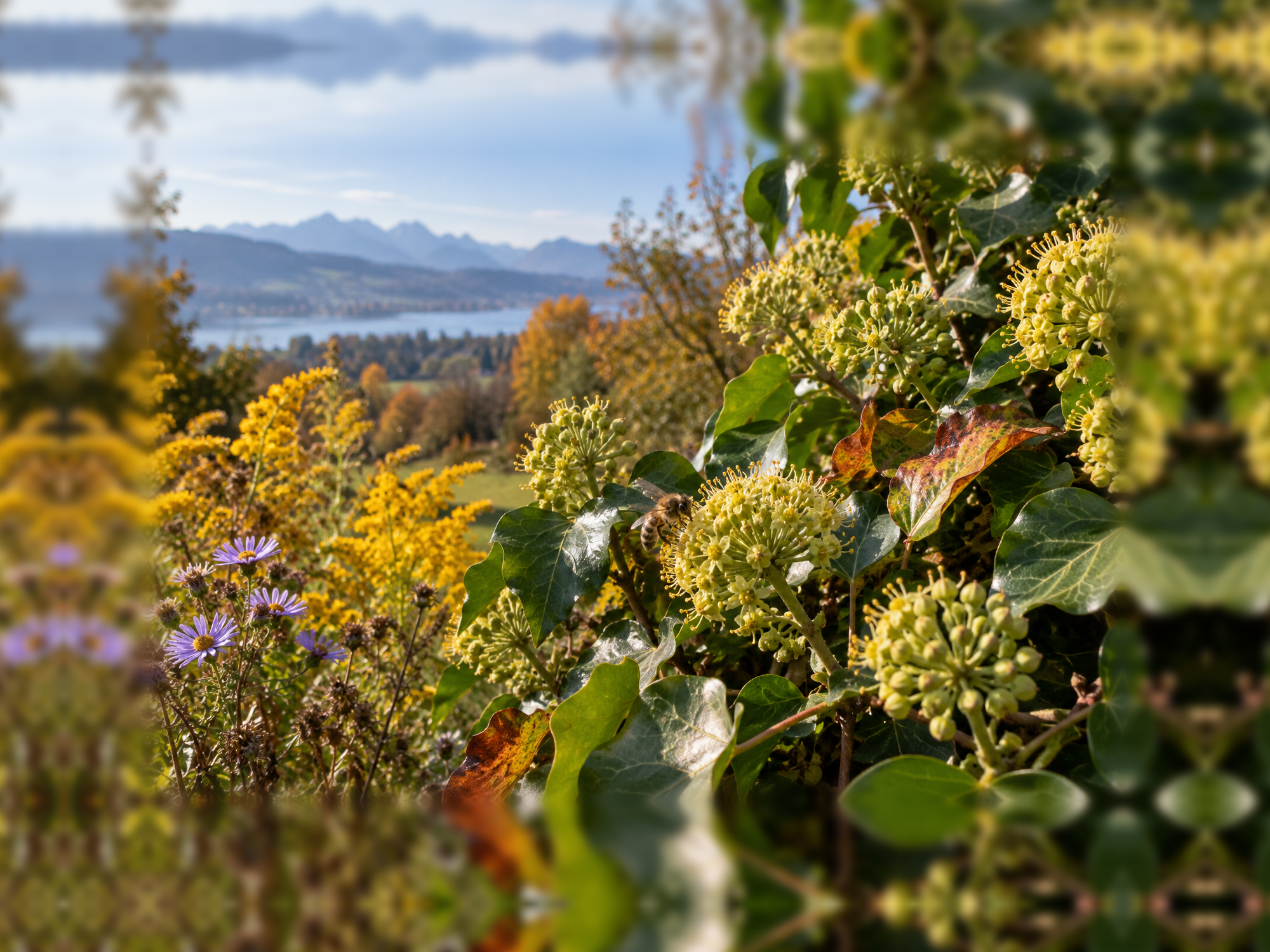 Spätsommerliche Blüten mit Efeu, Biene und Goldrute vor einer alpinen Schweizer Landschaft