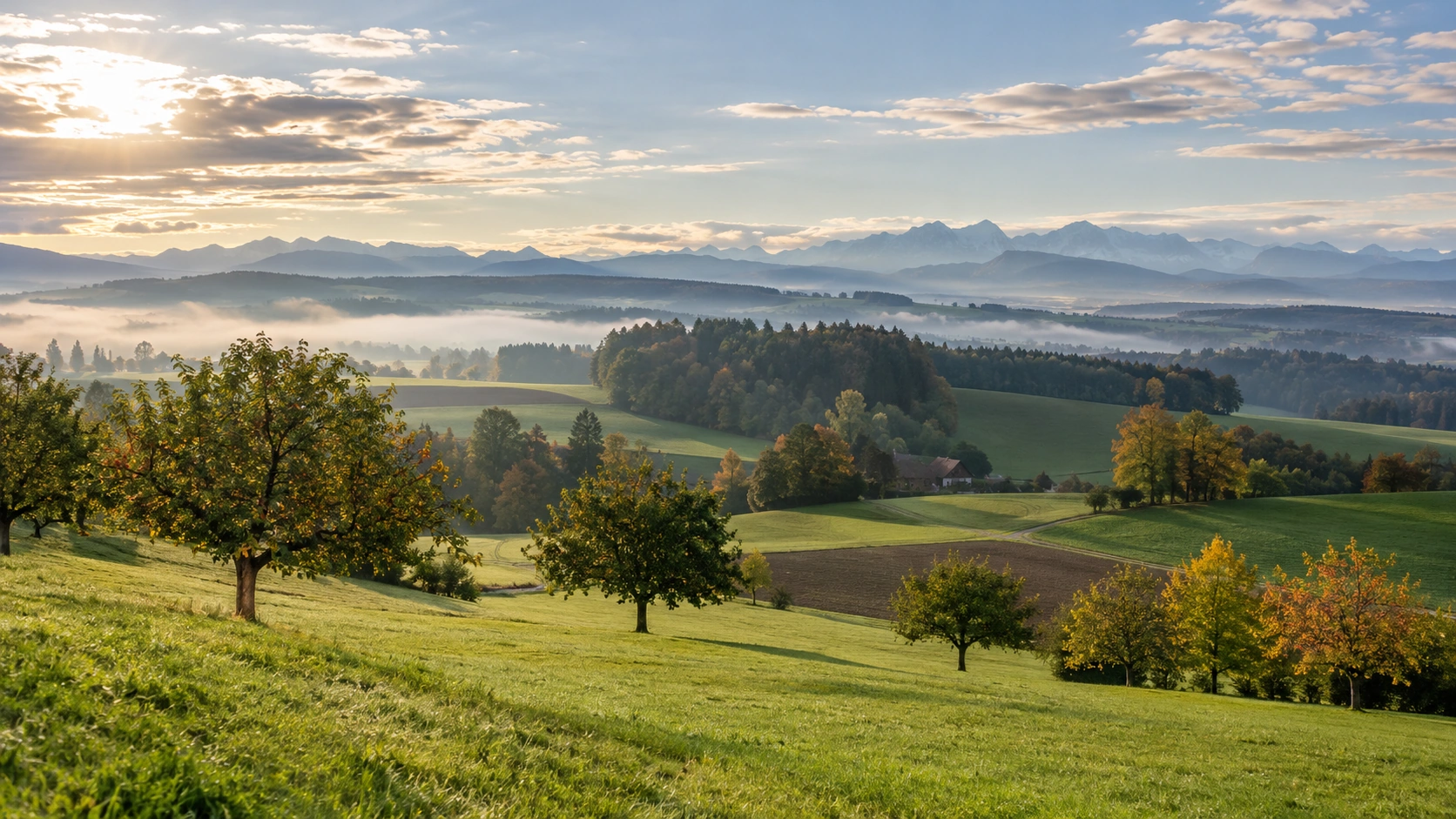 Schweizer Wiesenlandschaft im Morgenlicht mit Obstbäumen und fernen Bergketten.