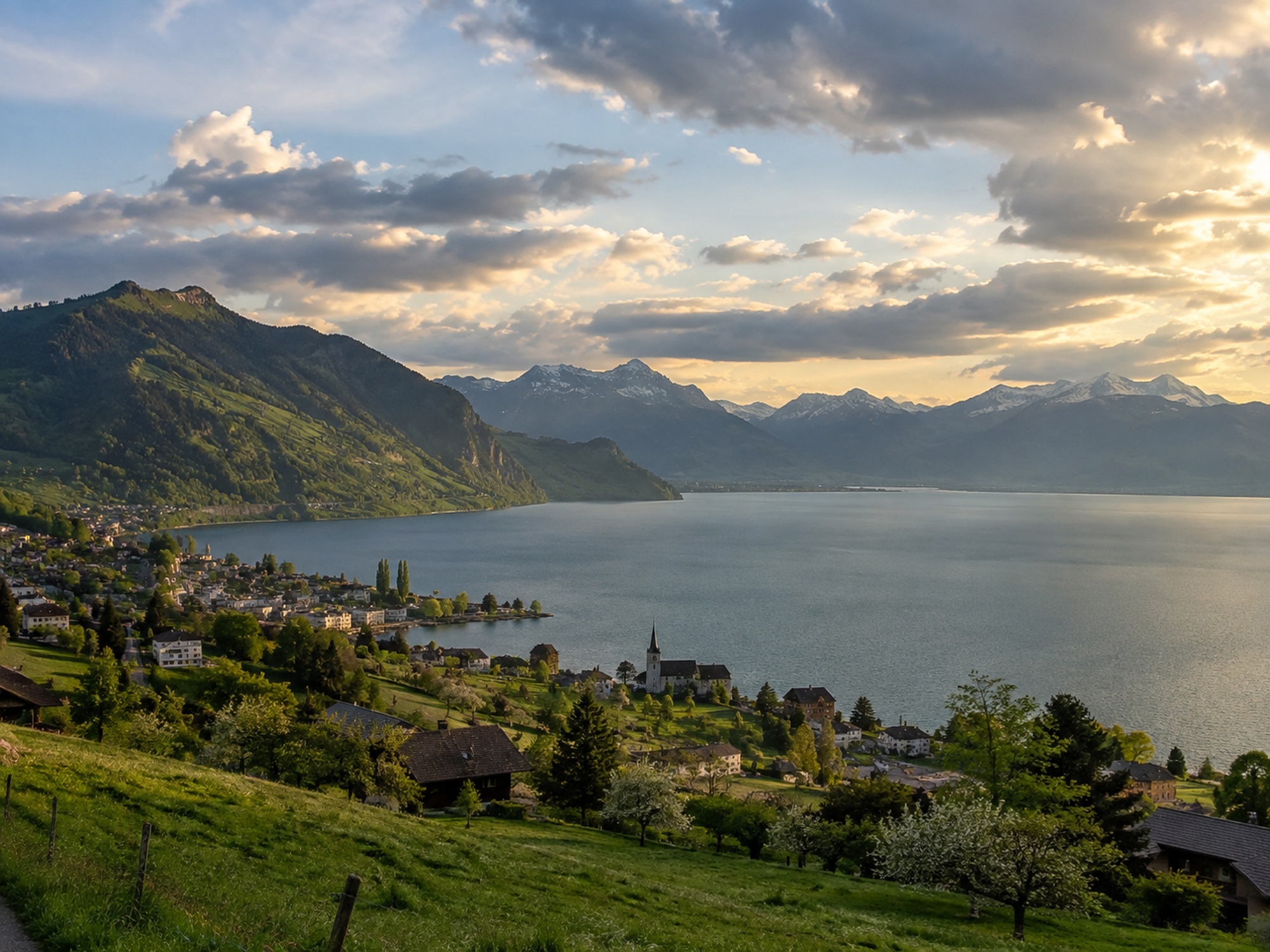 Schweizer Seelandschaft mit Alpen unter wechselhaftem Abendhimmel