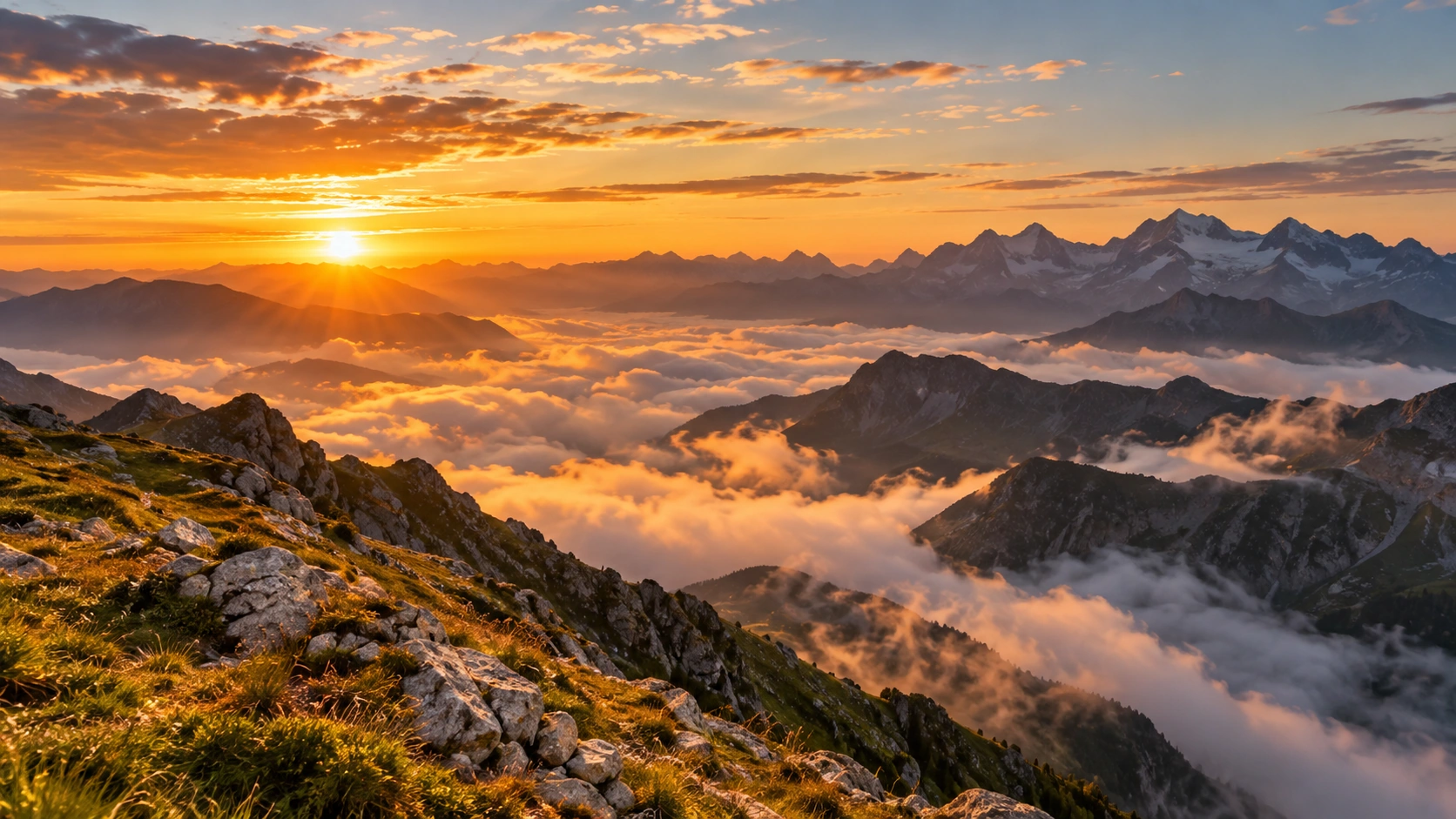 Weites Schweizer Alpenpanorama mit Nebelbänken in den Tälern und spätem warmem Sonnenlicht.