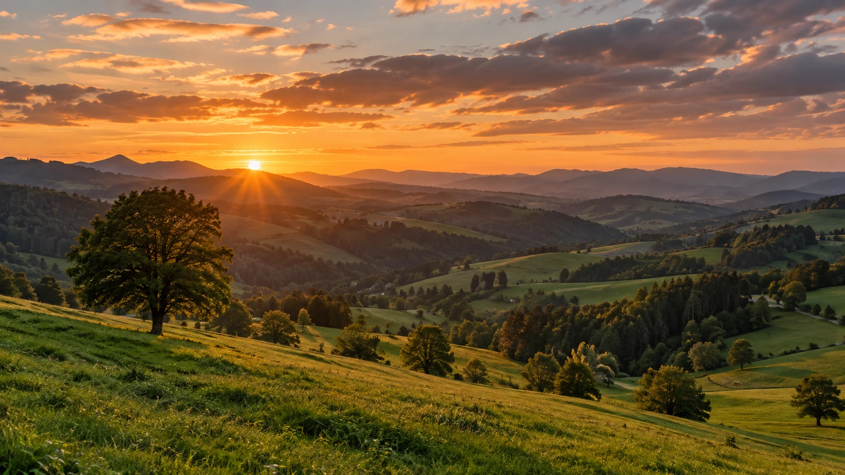 Grünes Schweizer Hügelland im warmen Abendlicht unter wechselnden Wolken.