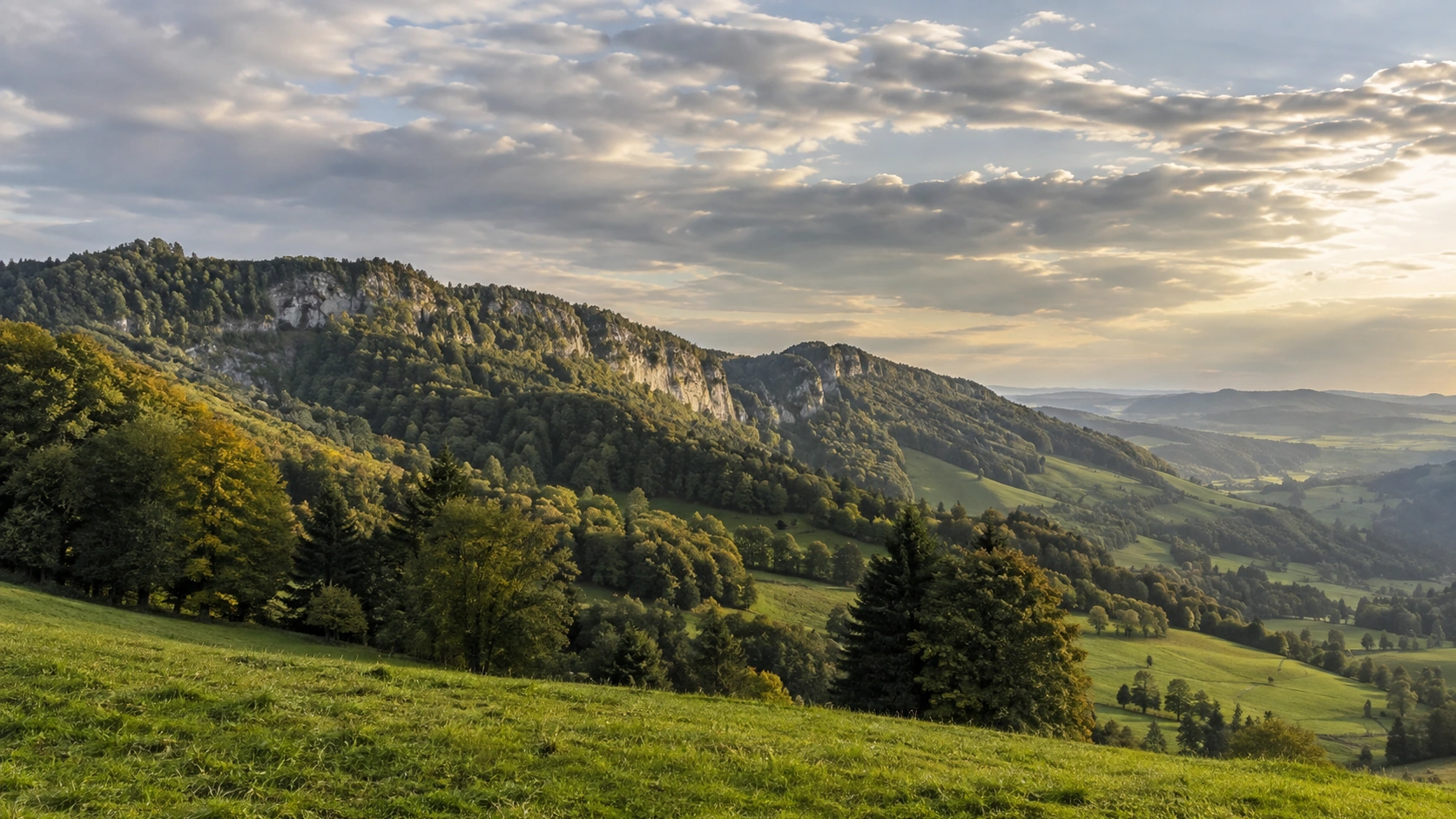 Schweizer Alpen- und Voralpenlandschaft mit Wald, Wiesen und wechselnder Bewölkung im Septemberlicht.