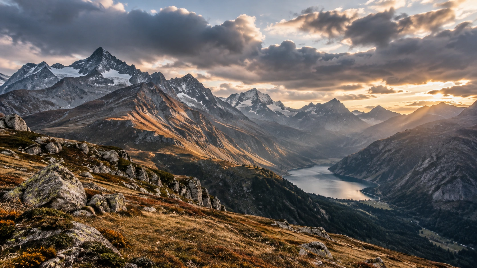 Schweizer Berg- und Tallandschaft im warmen Abendlicht mit wechselnder Bewölkung.