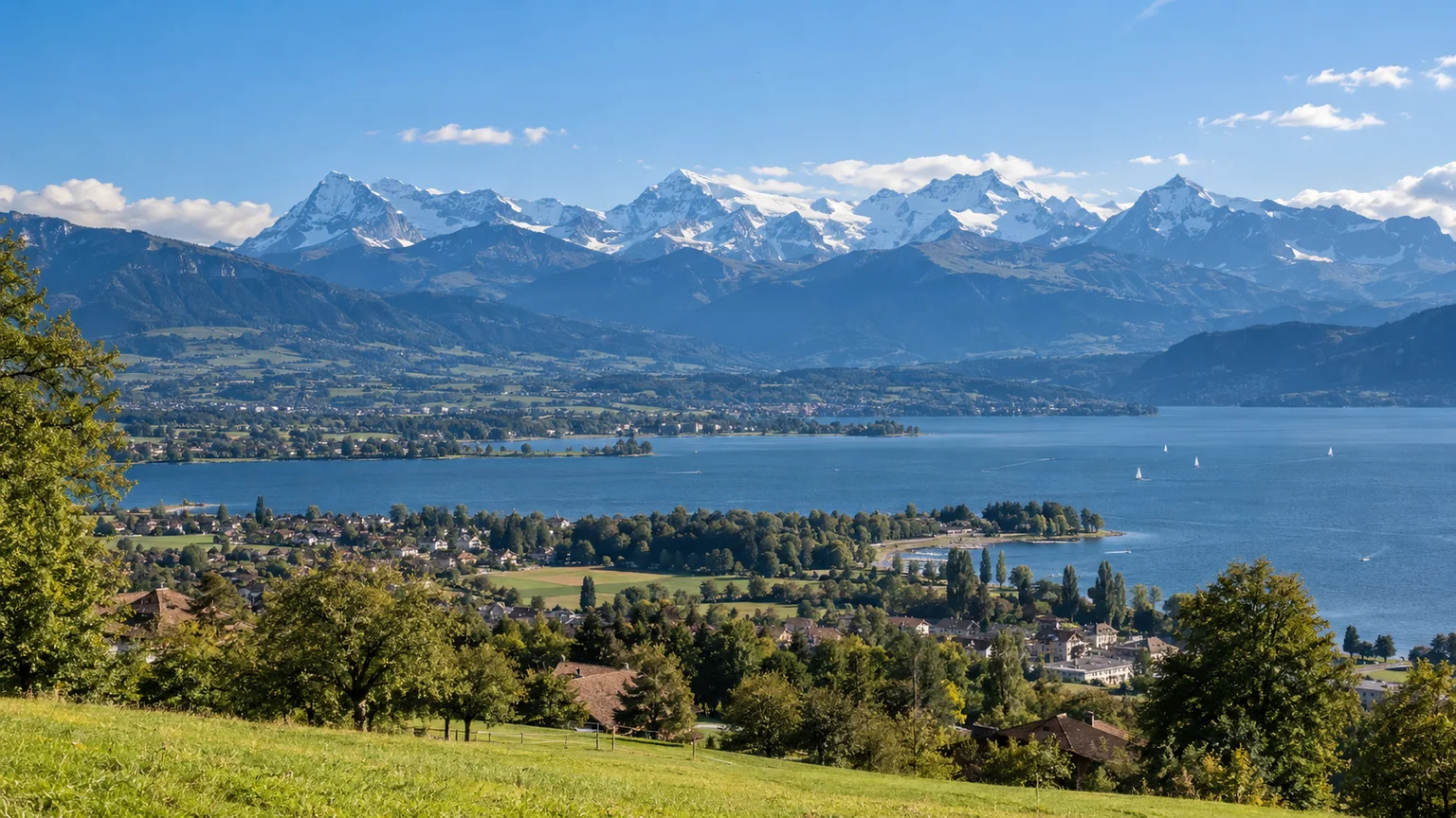 Sonniges Schweizer Mittelland mit See und hohen Alpen im Hintergrund.